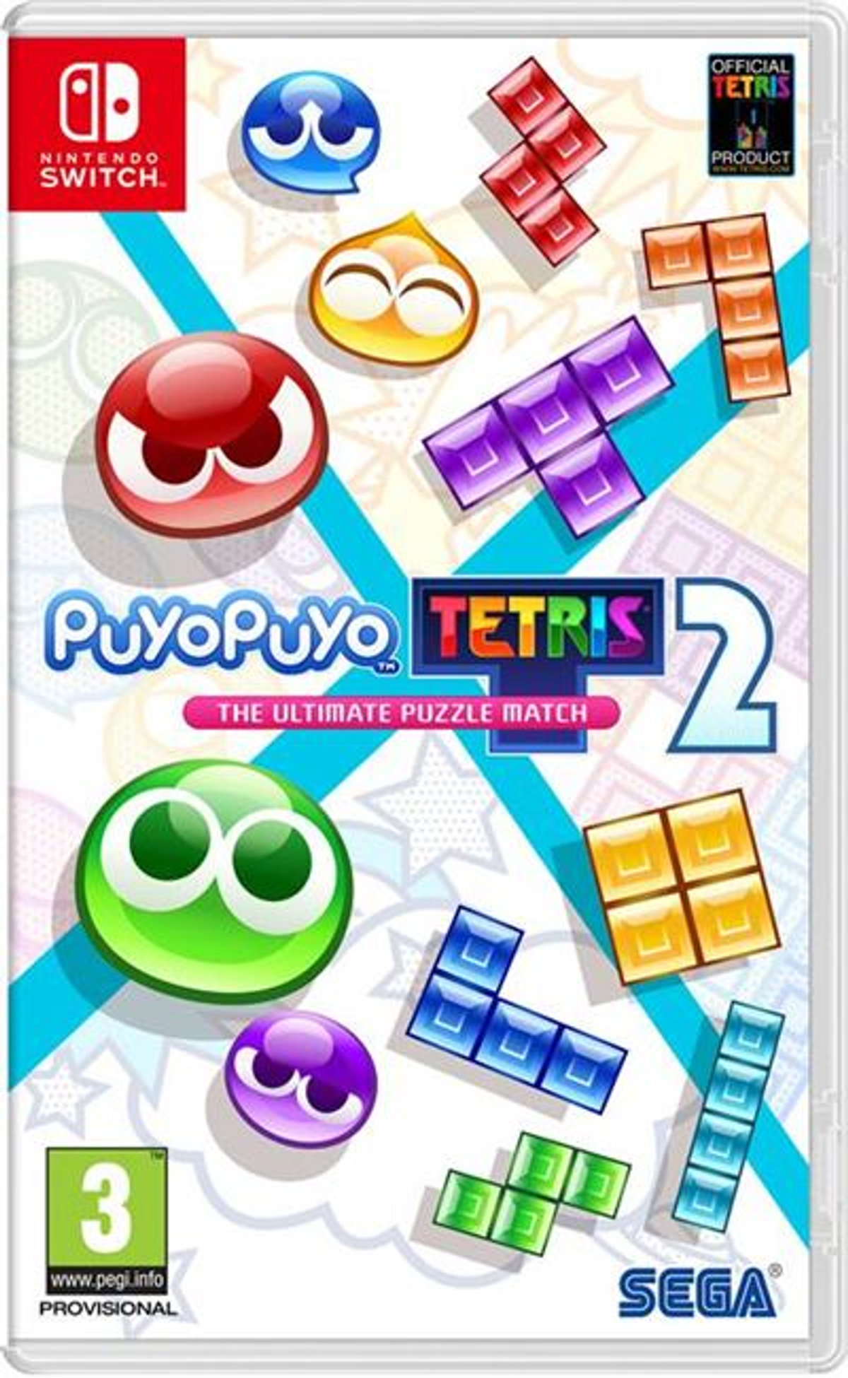 Okładka gry Puyo Puyo Tetris 2 przedstawia kolorowe klocki Tetris i postacie Puyo na obudowie Nintendo Switch.
