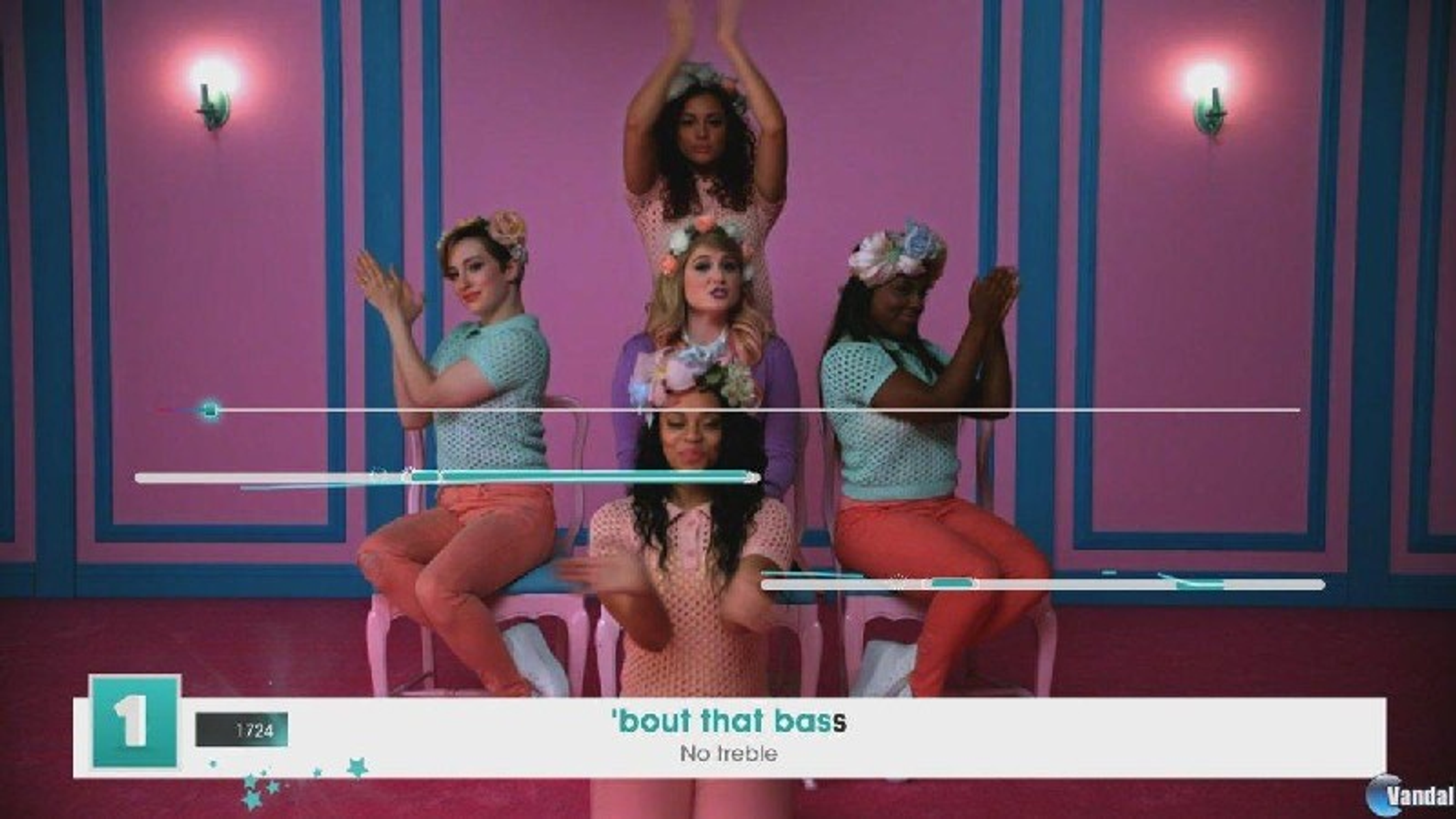 Obraz z gry muzycznej. Pięć kobiet klaszcze i śpiewa, widoczne linie partytury.