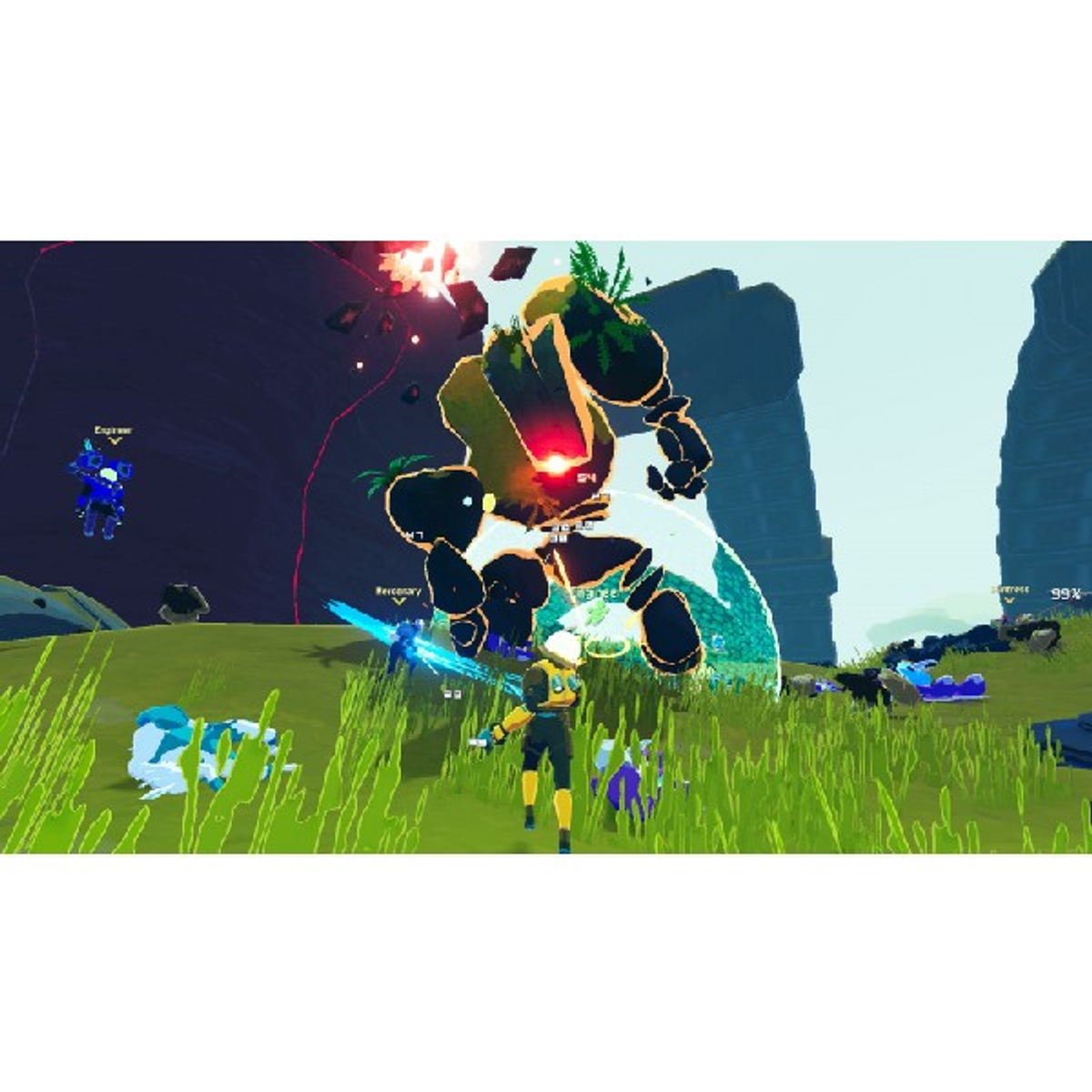 Obraz z gry wideo. Postać w żółci stoi naprzeciwko dużego potwora na trawiastym polu.