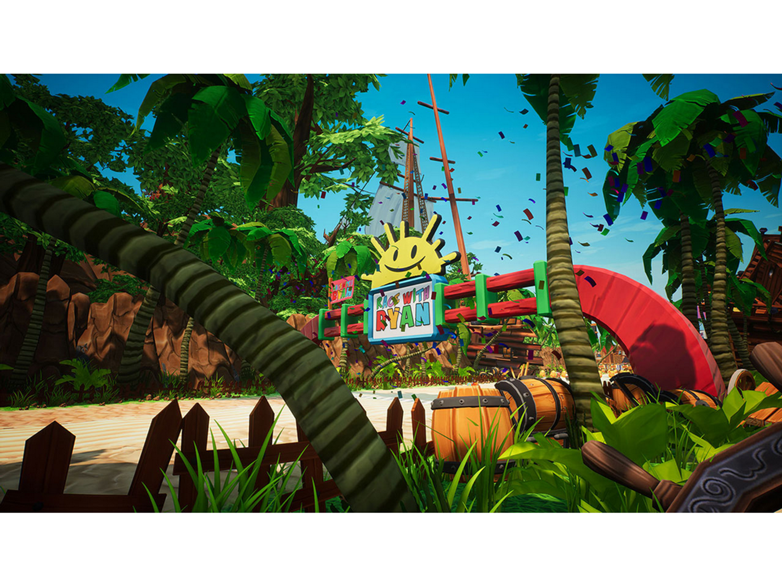 Una escena colorida con un letrero que dice 'Ride with Ryan'. Se ven palmeras y un barco pirata.