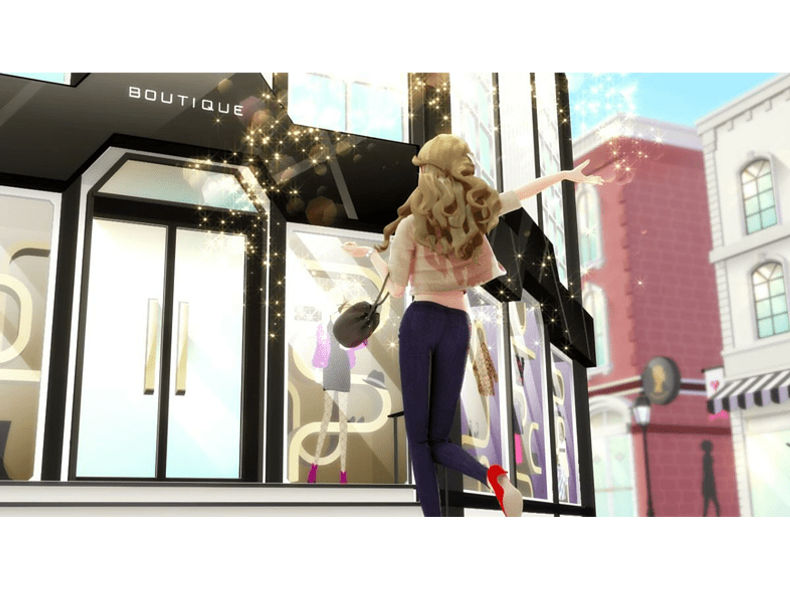 Kobieta w sklepie w mieście, z widoczną witryną sklepową. Nazwa sklepu to Boutique.