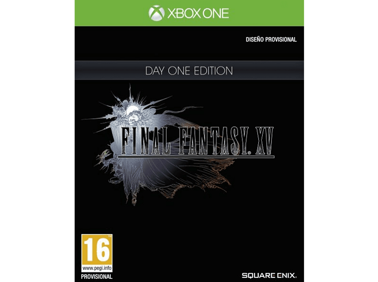 Okładka gry Final Fantasy XV: Czarne tło z tytułem gry i białą ilustracją.