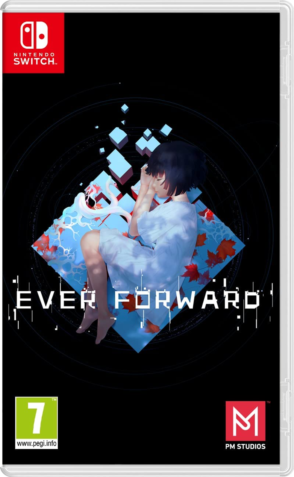 Scatola del gioco Ever Forward, con una donna che dorme su un rombo e il logo Nintendo Switch.