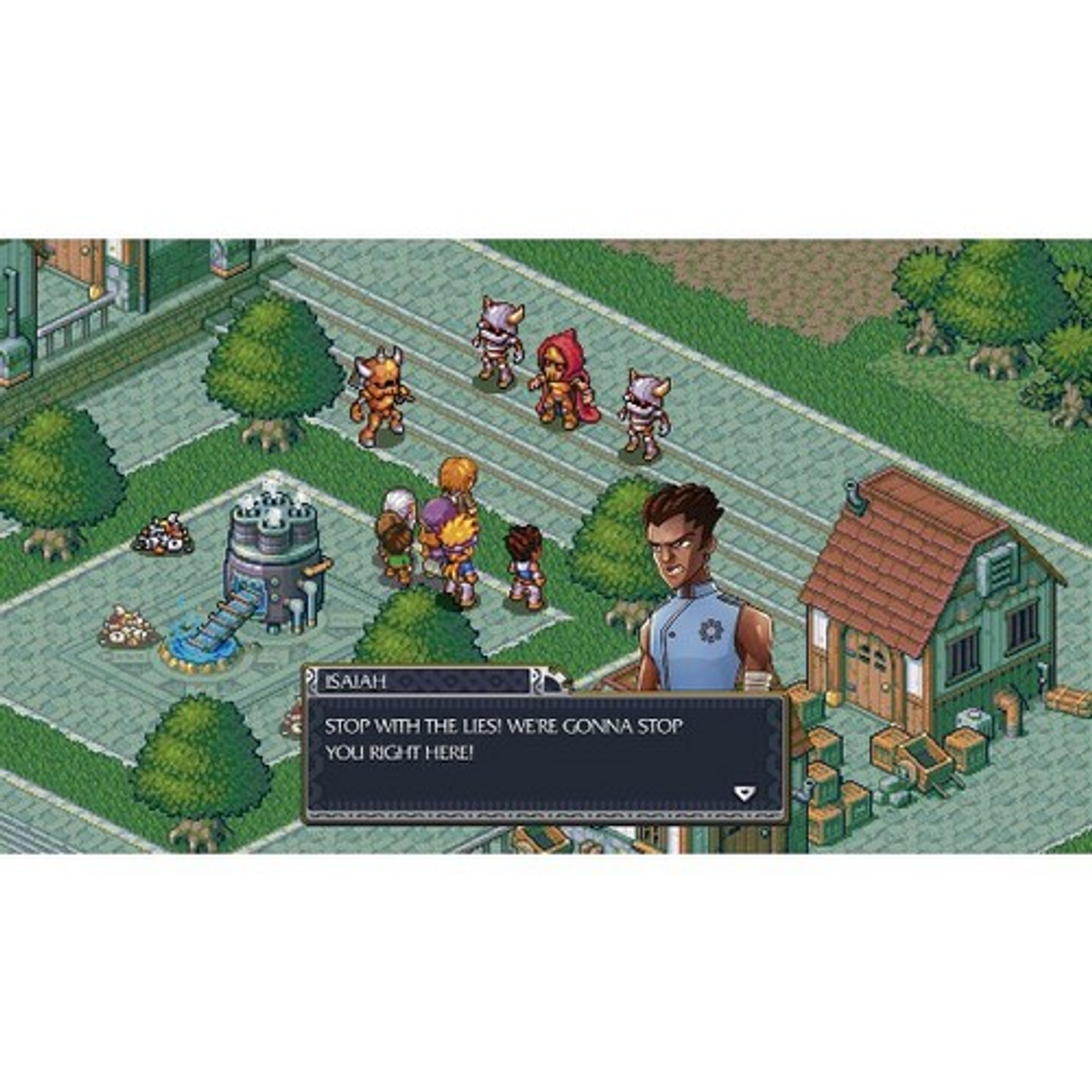 Scena di gioco con personaggi pixelati che parlano. Titolo: The Banner Saga.
