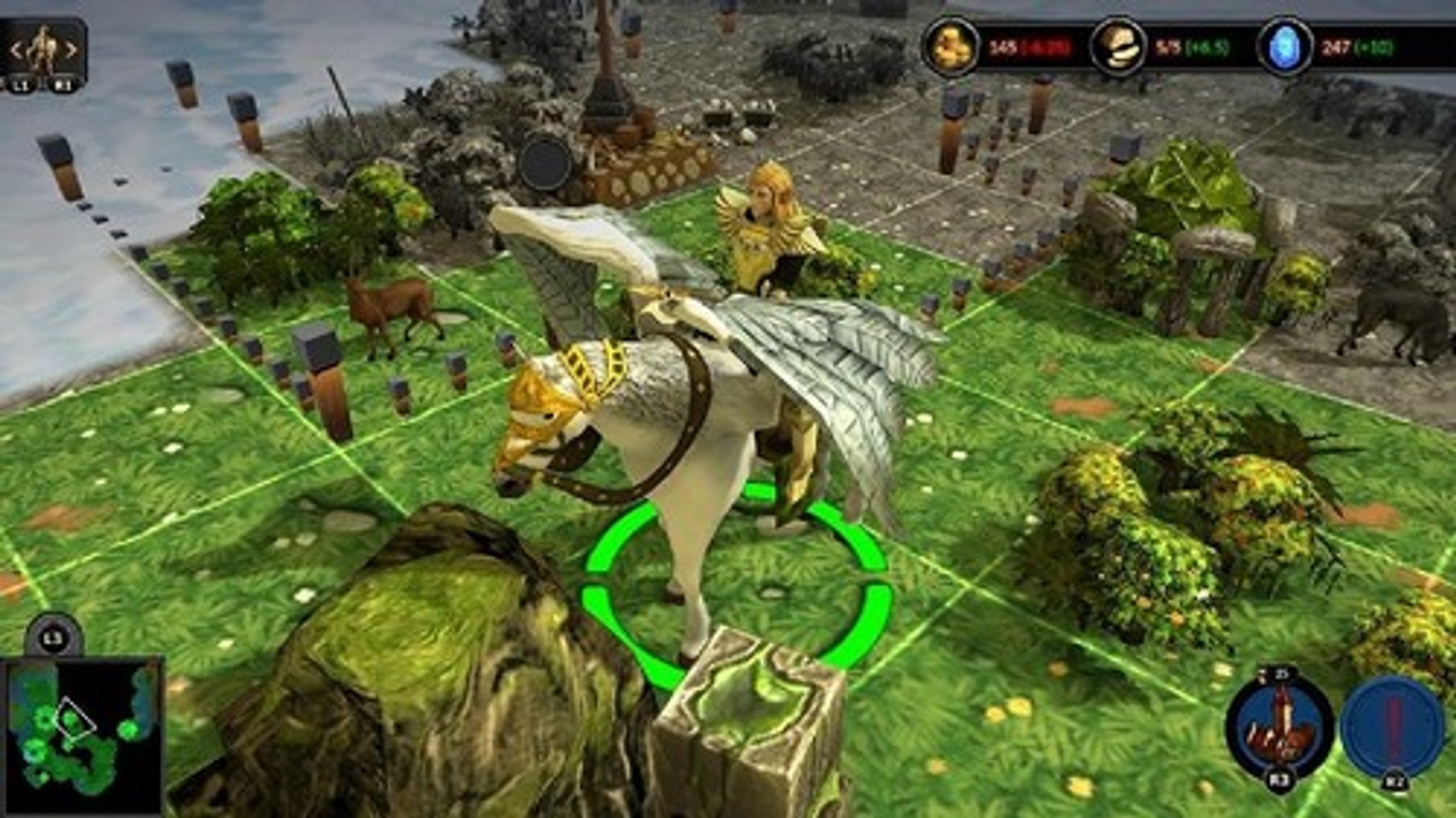 Una scena di gioco con un cavallo alato e un cavaliere su un paesaggio verde a griglia. Sono presenti edifici e animali.