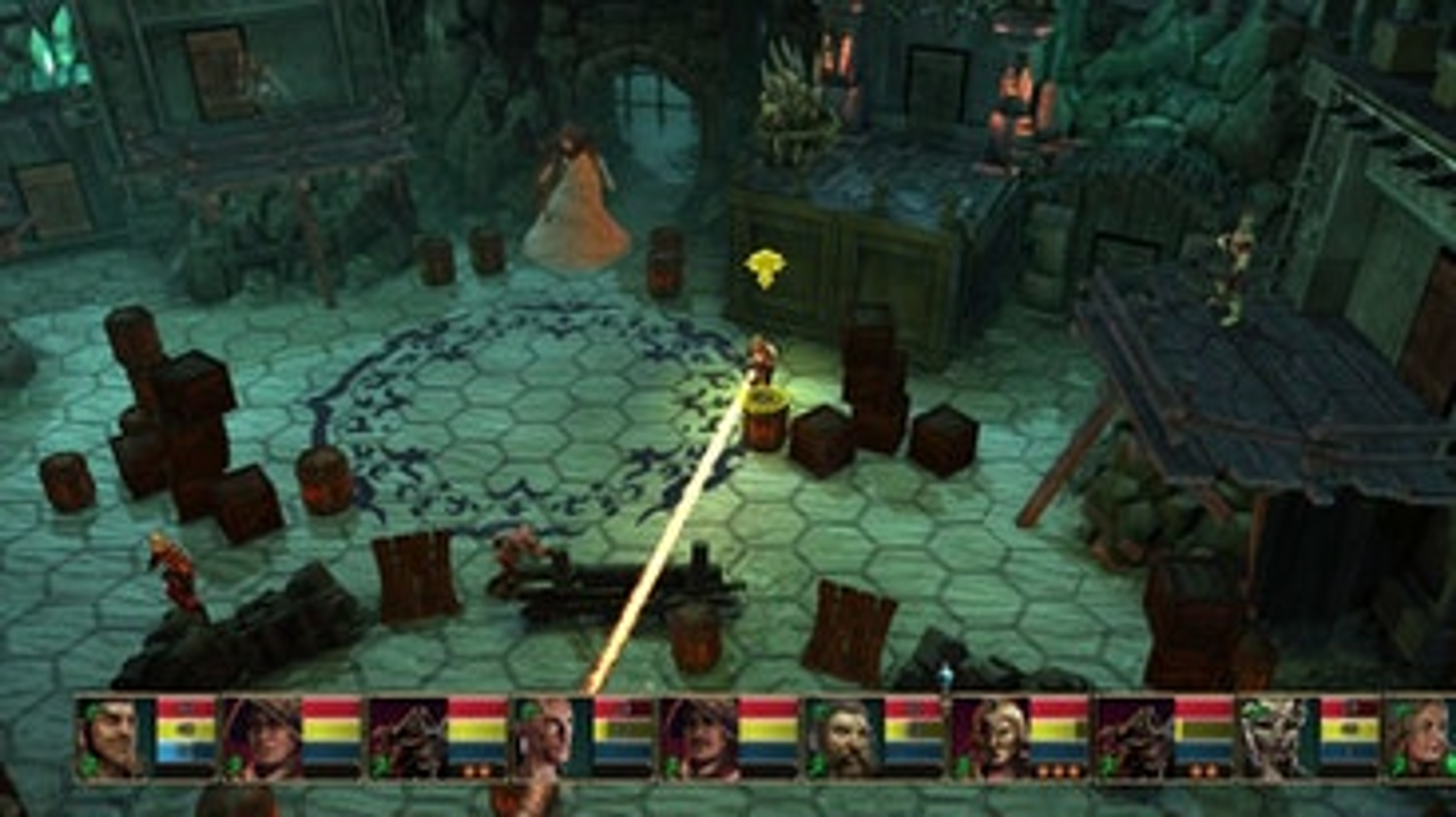 Schermata di un gioco con personaggi in un'ambientazione interna con torce.