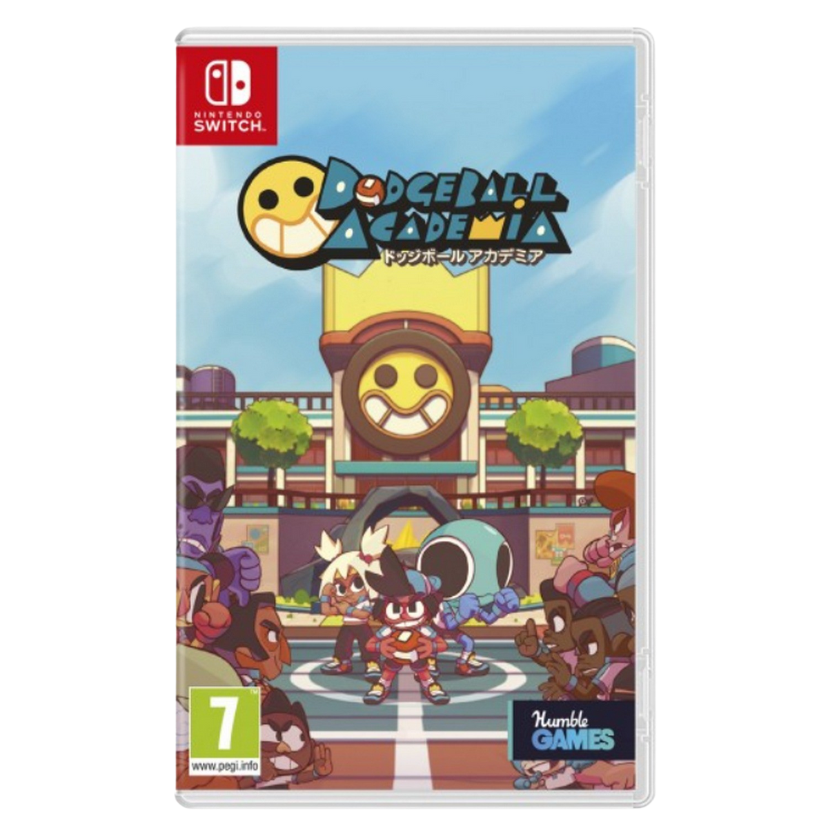 Copertina del gioco: Dodgeball Academia. Un ragazzo in rosso è con altri. Un edificio scolastico è sullo sfondo.