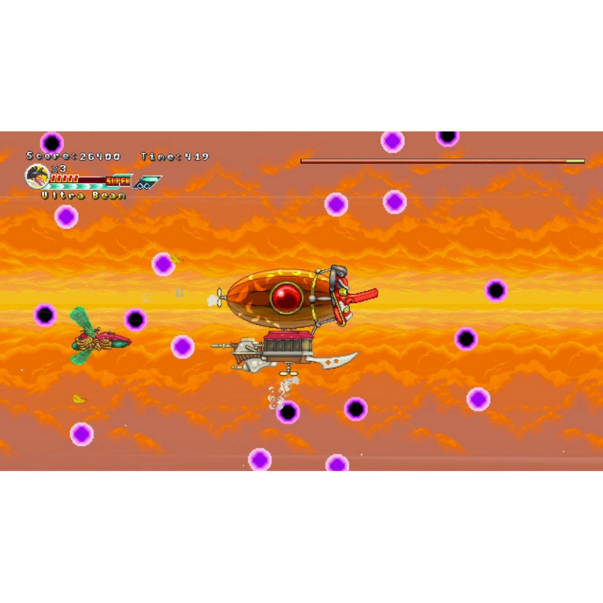 Scena di gioco pixelata: dirigibile, libellula e globi in un cielo arancione fuoco.