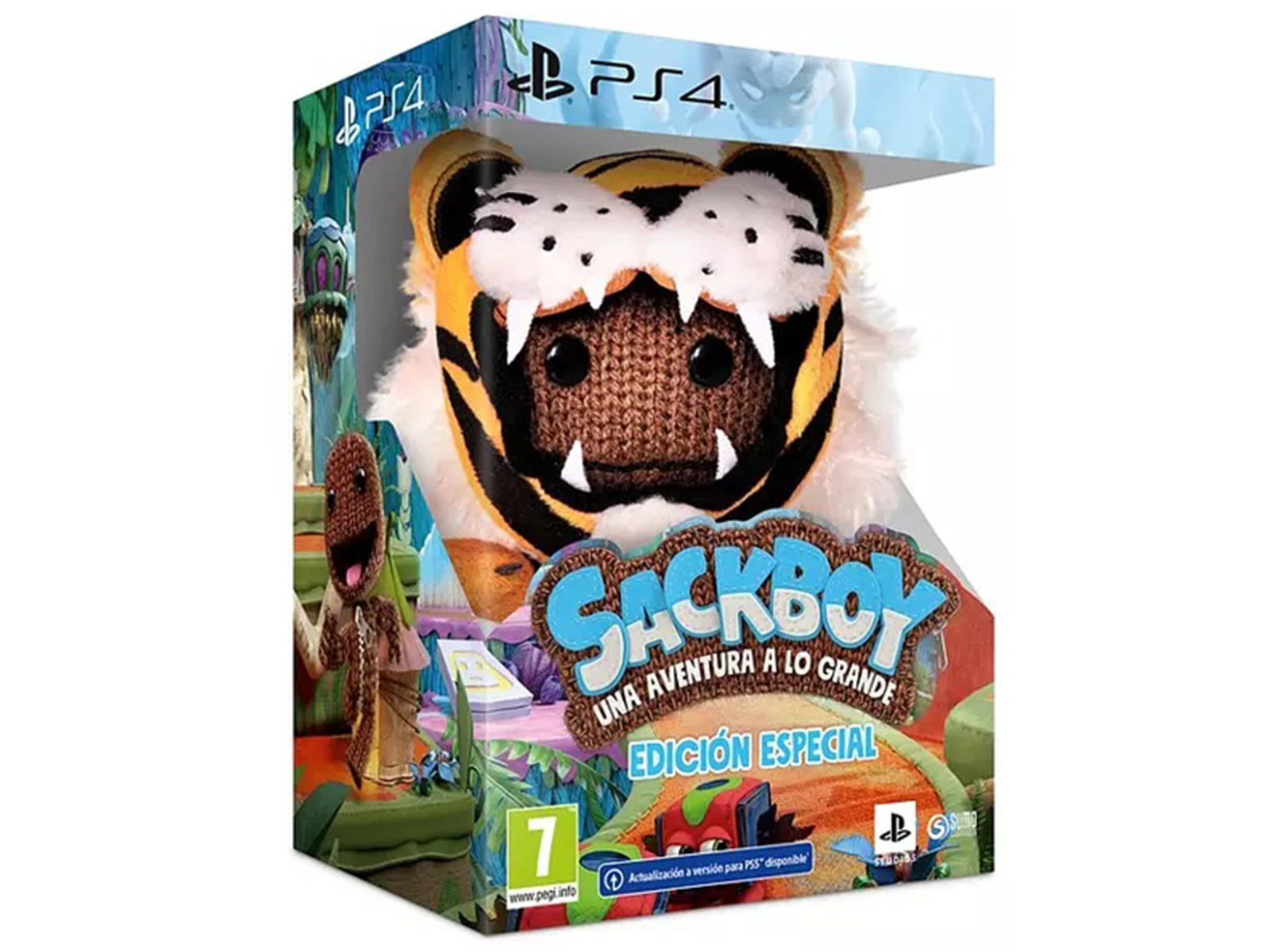 Scatola edizione speciale Sackboy con un peluche Sackboy a forma di tigre e la grafica della scatola.