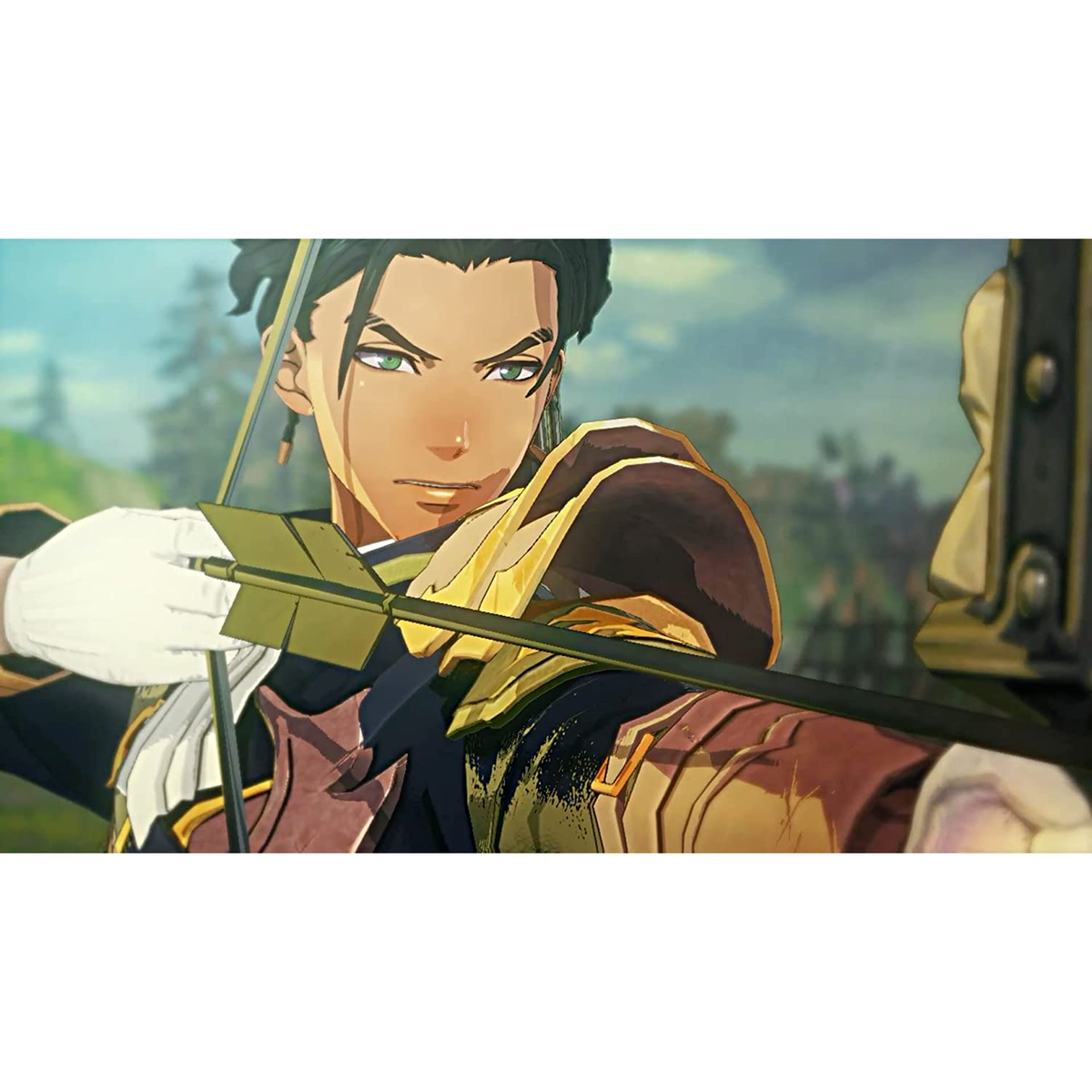 Un personaje de anime, tensando un arco. Lleva armadura y tiene ojos verdes.