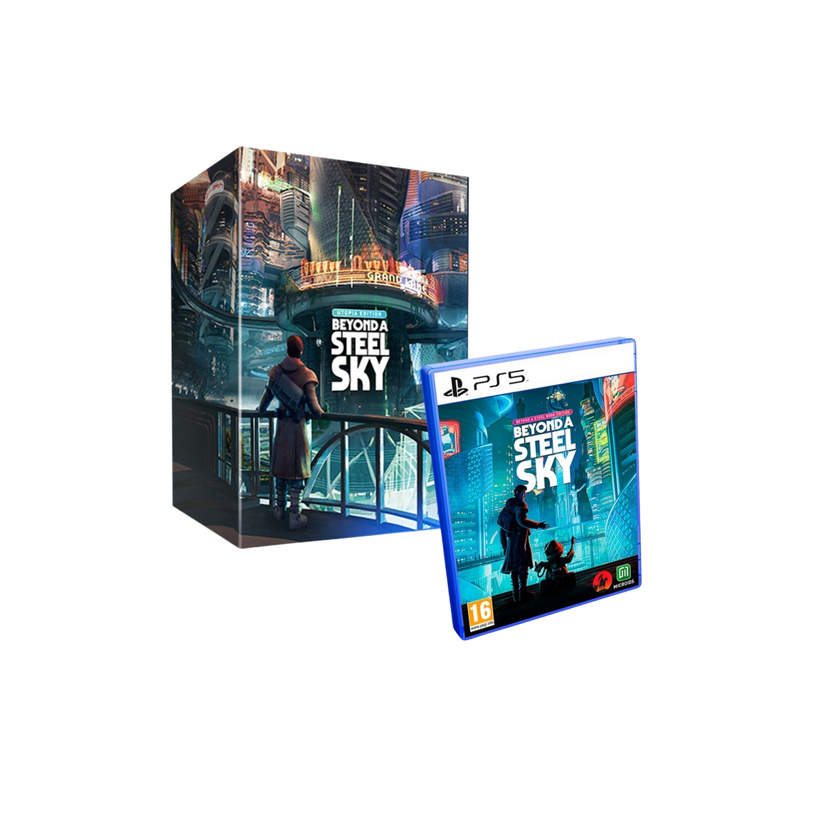 Scatola di gioco e una scatola più grande con una scena di città futuristica. Il gioco è 'Beyond a Steel Sky'.