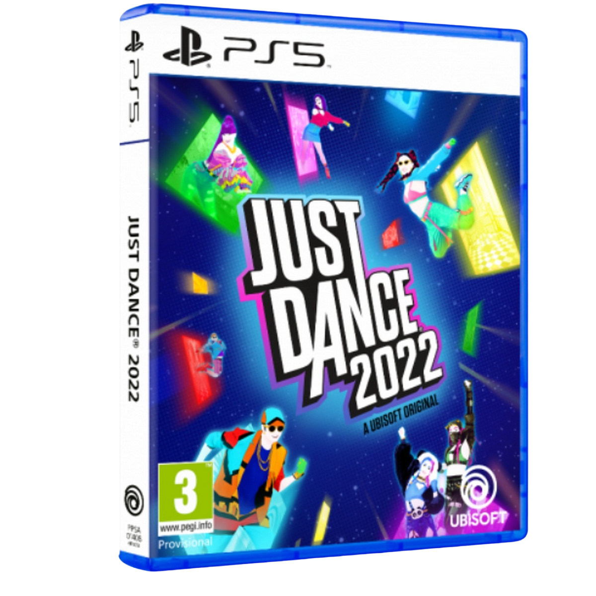 Portada del juego: Just Dance 2022. Gente bailando, un logo con fondo azul y la caja del juego.
