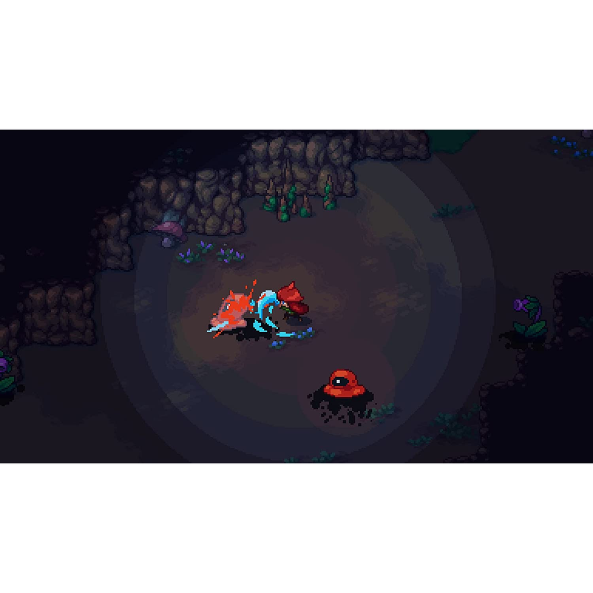 Scena in pixel art. Due personaggi con spade combattono contro un mostro in un'ambientazione oscura, simile a una grotta.