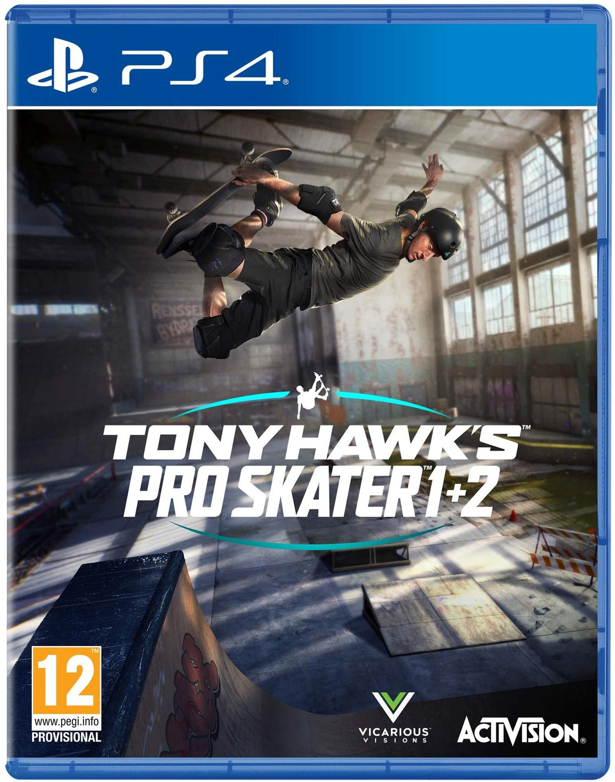 Okładka gry Tony Hawk's Pro Skater 1+2 z skaterem w akcji.