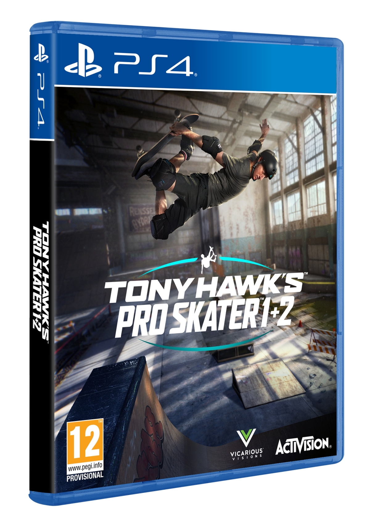 Okładka gry PS4: 'Tony Hawk's Pro Skater 1+2'. Skateboardzista wykonuje trik w skateparku. Tło to skatepark.