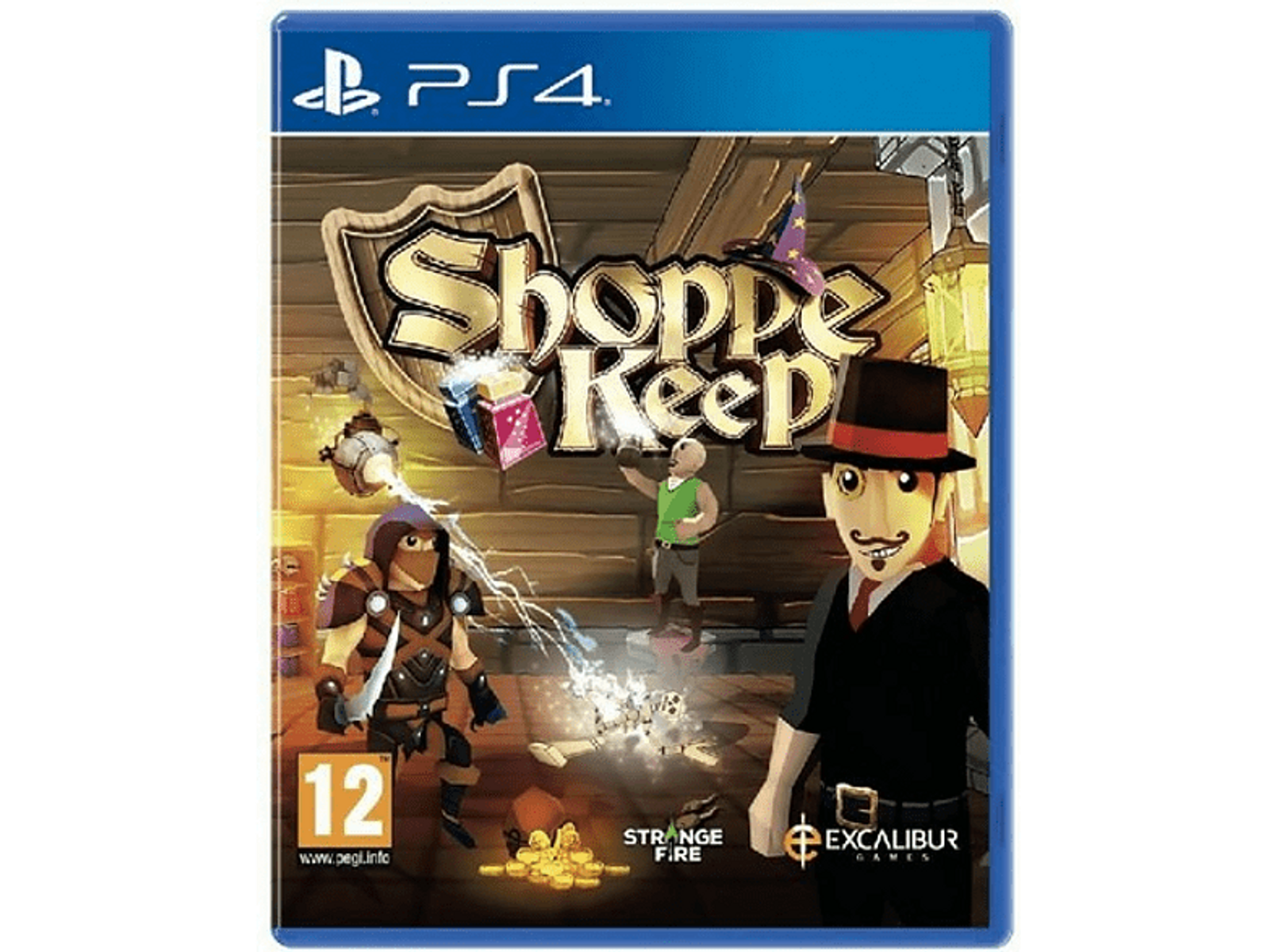 Caja de juego PS4 para 'Shoppe Keep' con personajes de dibujos animados.