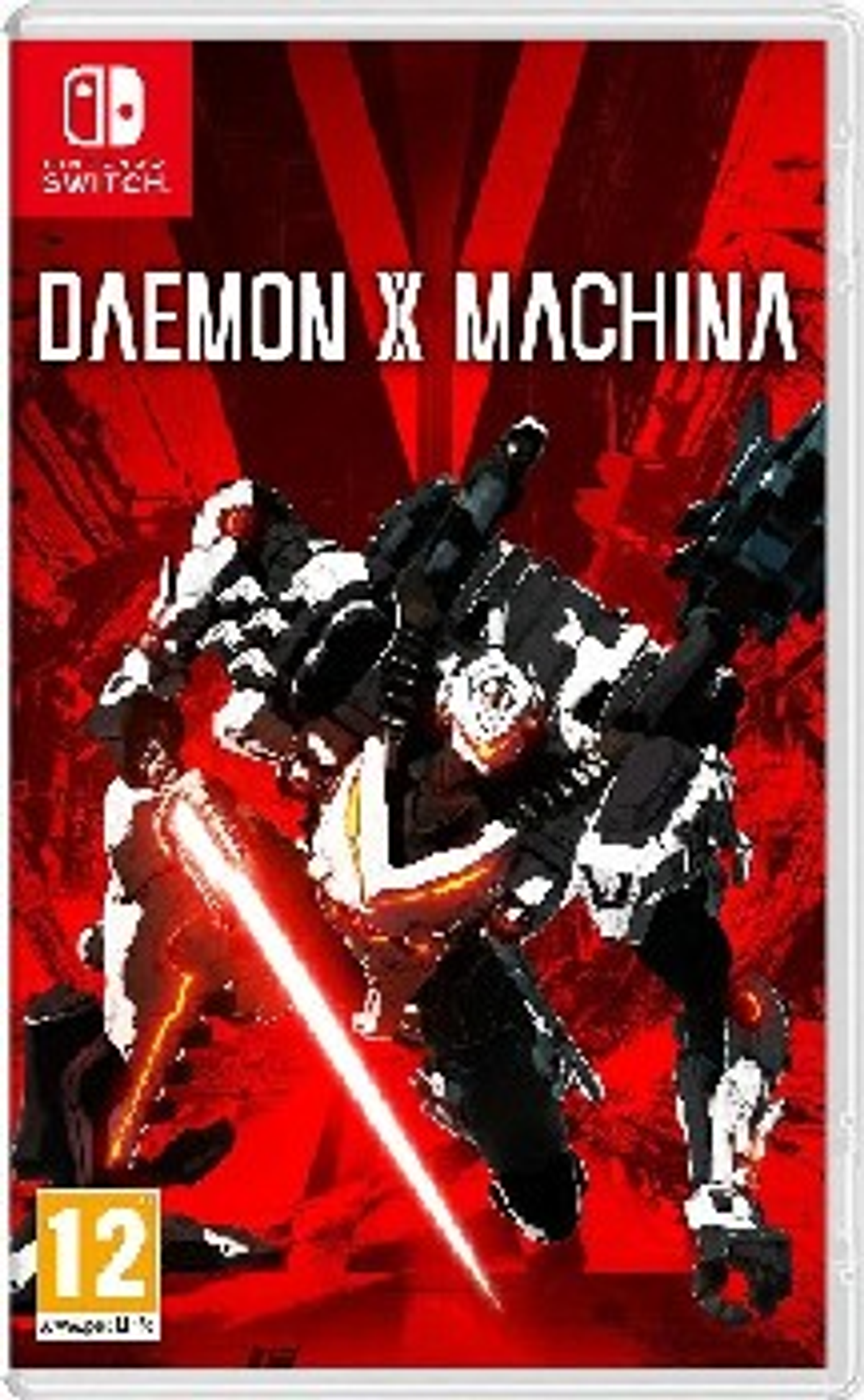 Okładka gry Daemon X Machina przedstawia mecha na czerwonym tle, w kolorach białym i czarnym.