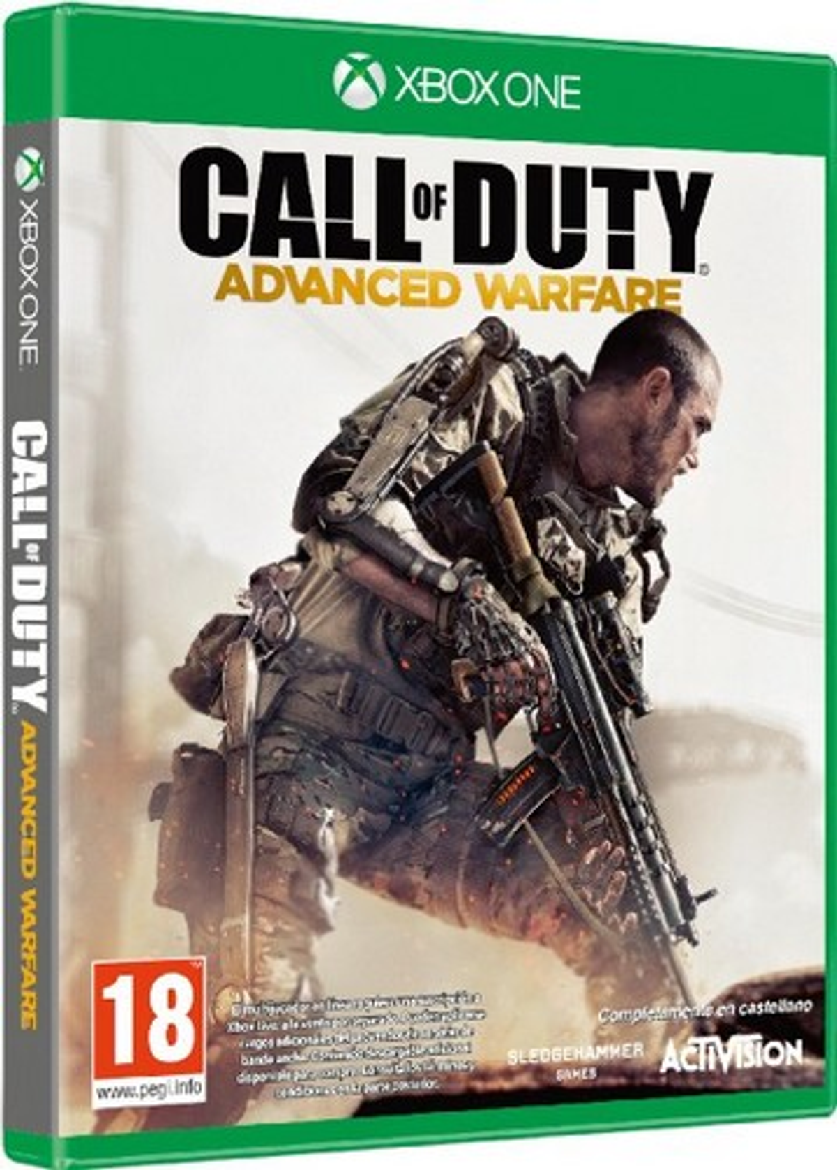 Scatola del gioco Call of Duty: Advanced Warfare. Un soldato con una pistola è l'immagine centrale.