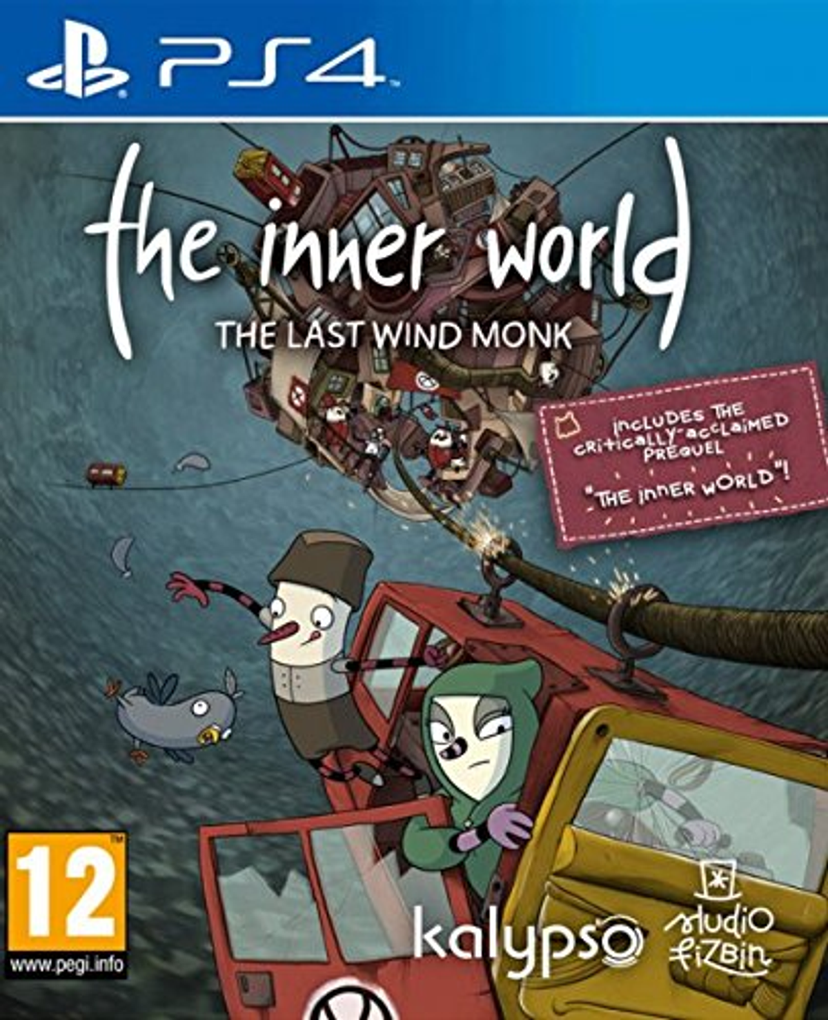 Copertina del gioco 'The Inner World: The Last Wind Monk', con personaggi dei cartoni animati e una macchina volante.