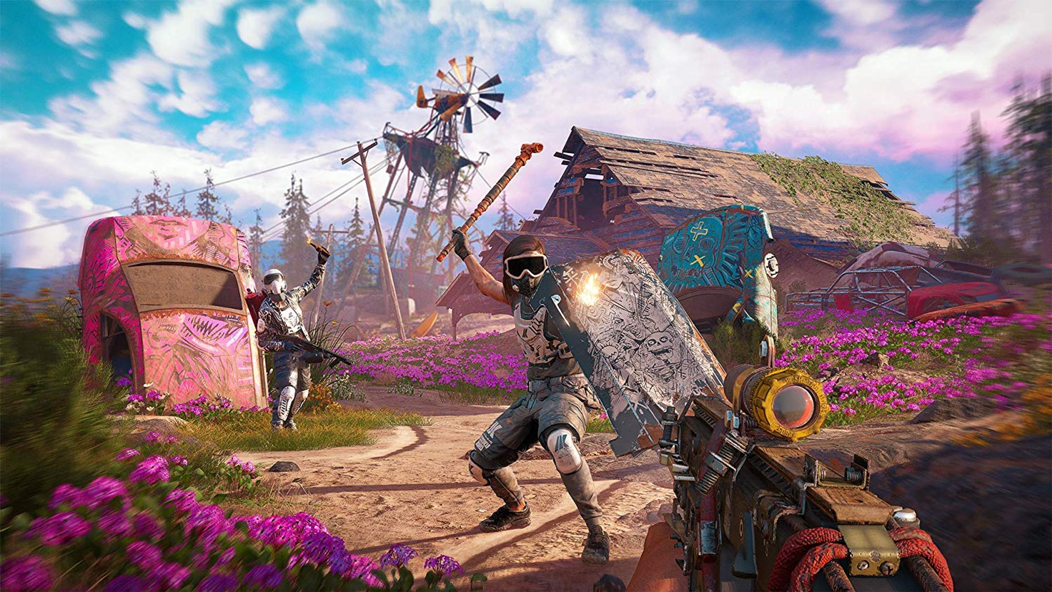 Escena del juego Far Cry 5: personajes luchando con armas en un entorno rural colorido.