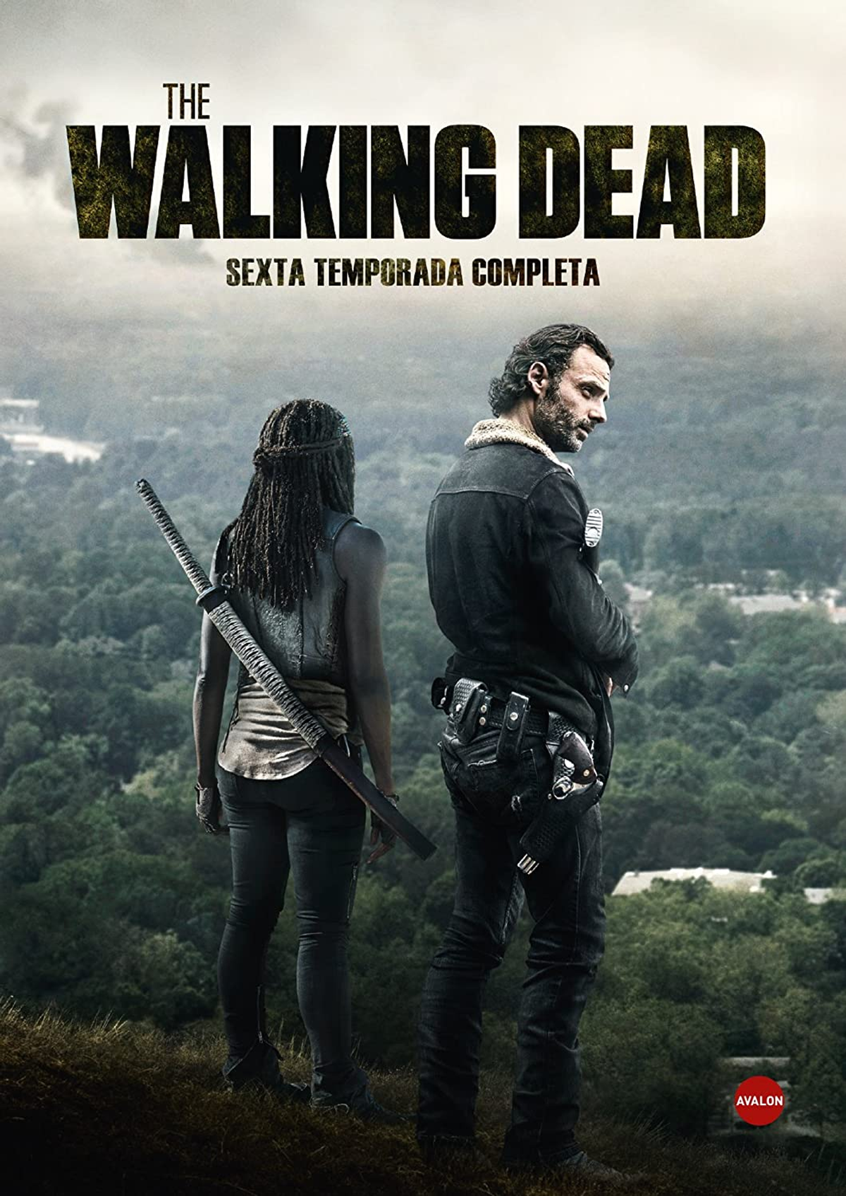 Portada de película: Dos personas de pie en una colina. Uno sostiene una espada. El título, 'The Walking Dead', está arriba.
