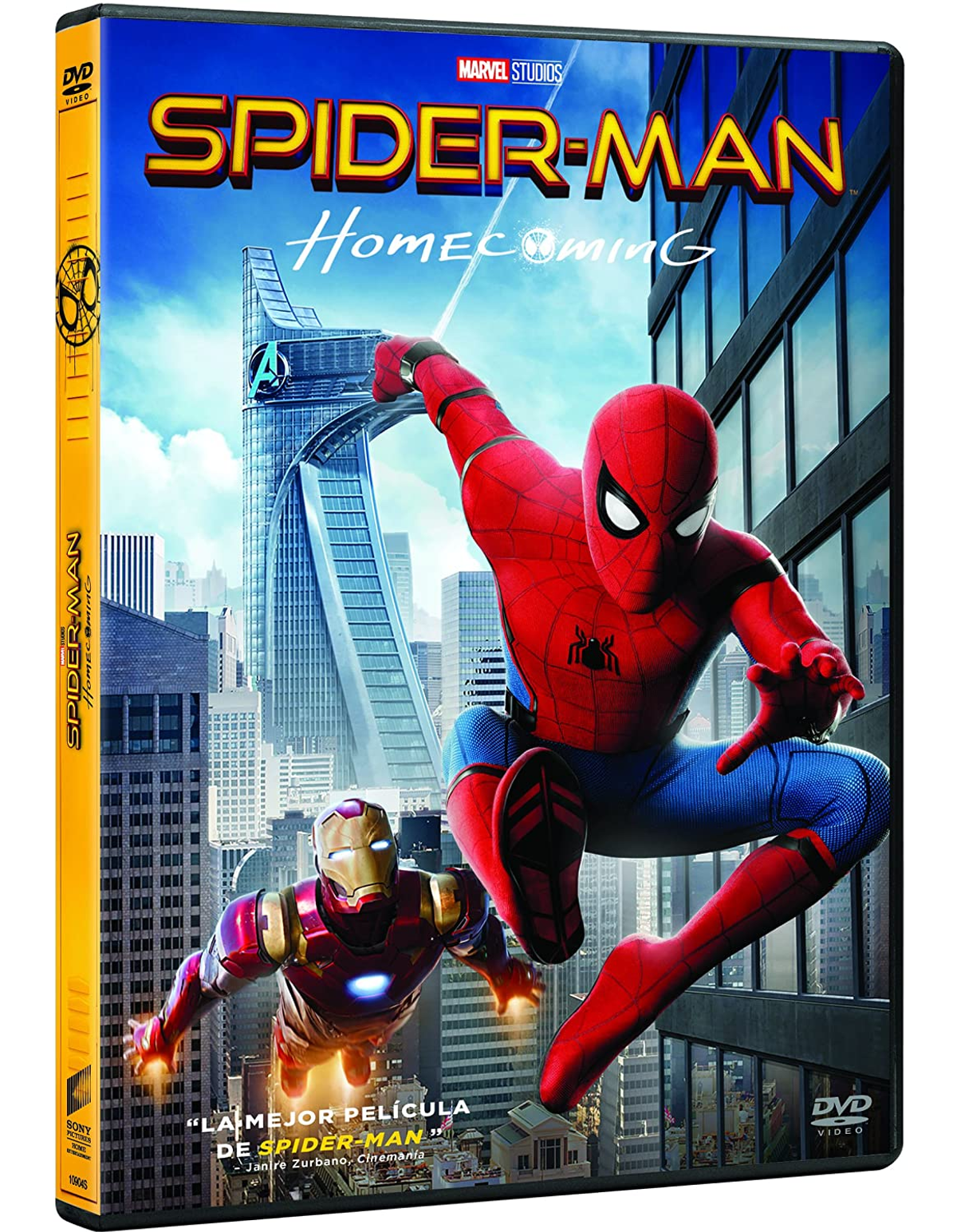Caja DVD de Spider-Man Homecoming. Spider-Man volando, Iron Man detrás, rascacielos al fondo.