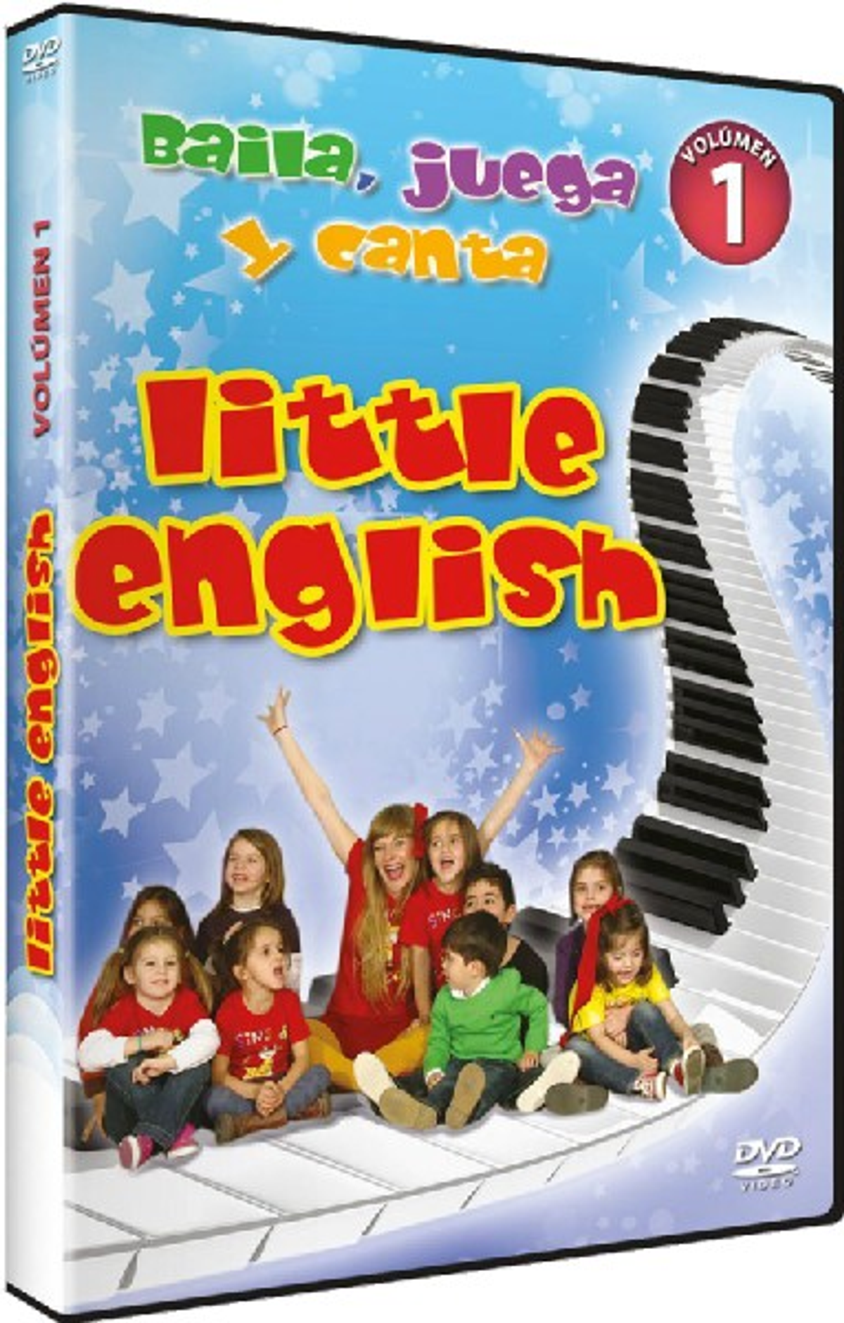 Portada del juego: 'Little English' con niños y una profesora. Un piano en el fondo.