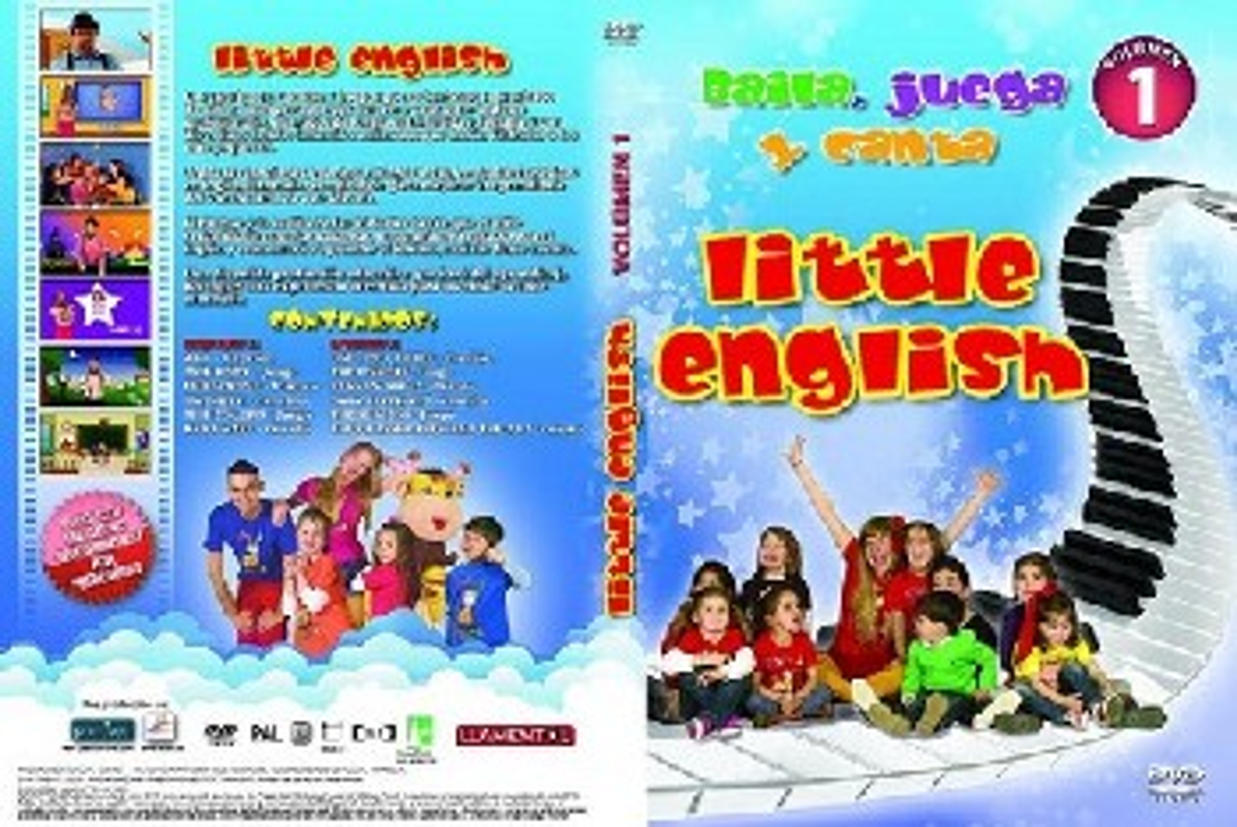 Portada de DVD para Little English. Presenta niños, profesores y una ilustración de teclado de piano.