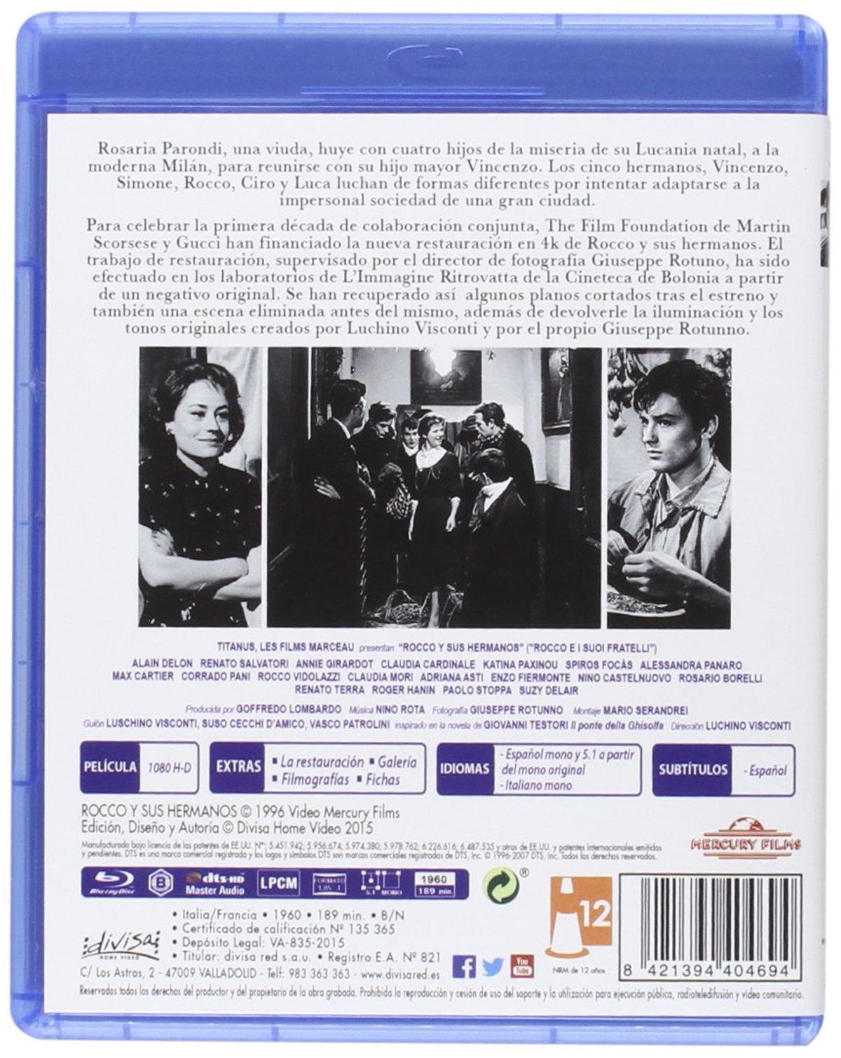 Contraportada de la película. Texto e imágenes de una película llamada Rocco y sus hermanos. Varias caras en la foto.