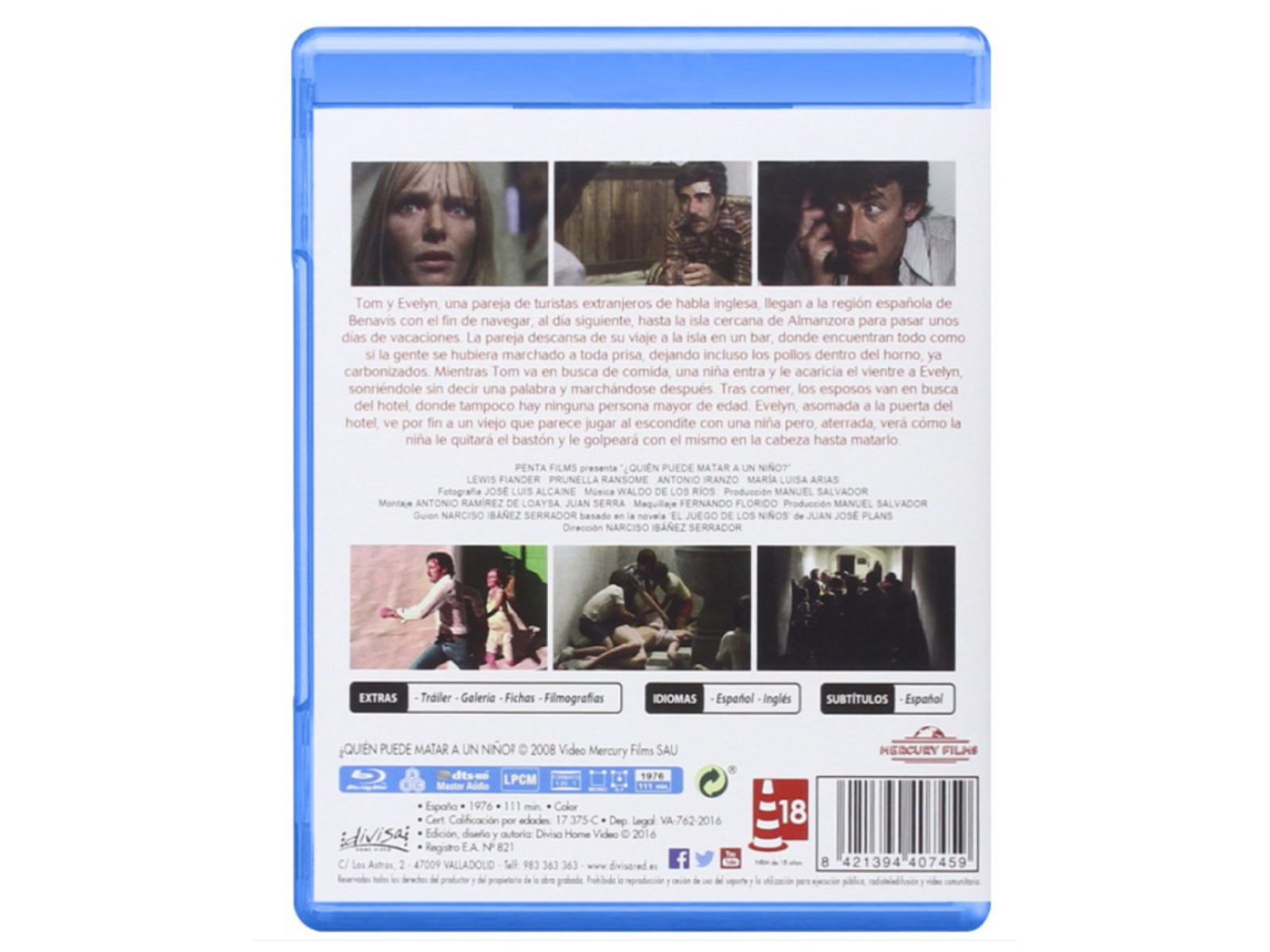 Parte trasera de una caja de DVD de película. Texto en español, con imágenes de la película.