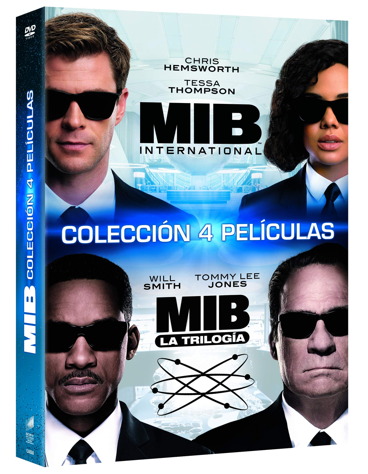 Portada de DVD de la colección de películas MIB: International. Presenta a los actores Chris Hemsworth, Tessa Thompson, Will Smith y Tommy Lee Jones.