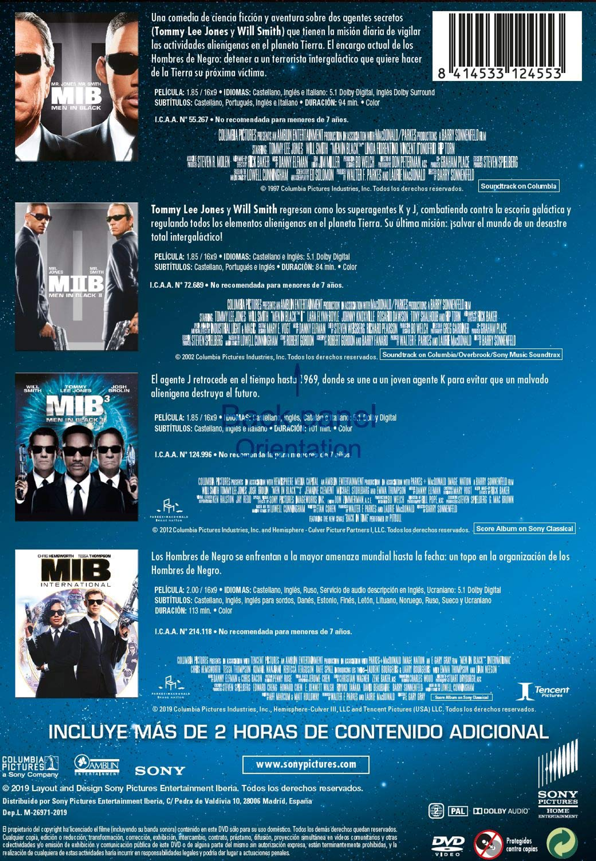 Portada del DVD de la trilogía MIB. Will Smith y Tommy Lee Jones con trajes. Logotipo de MIB. Fondo azul.