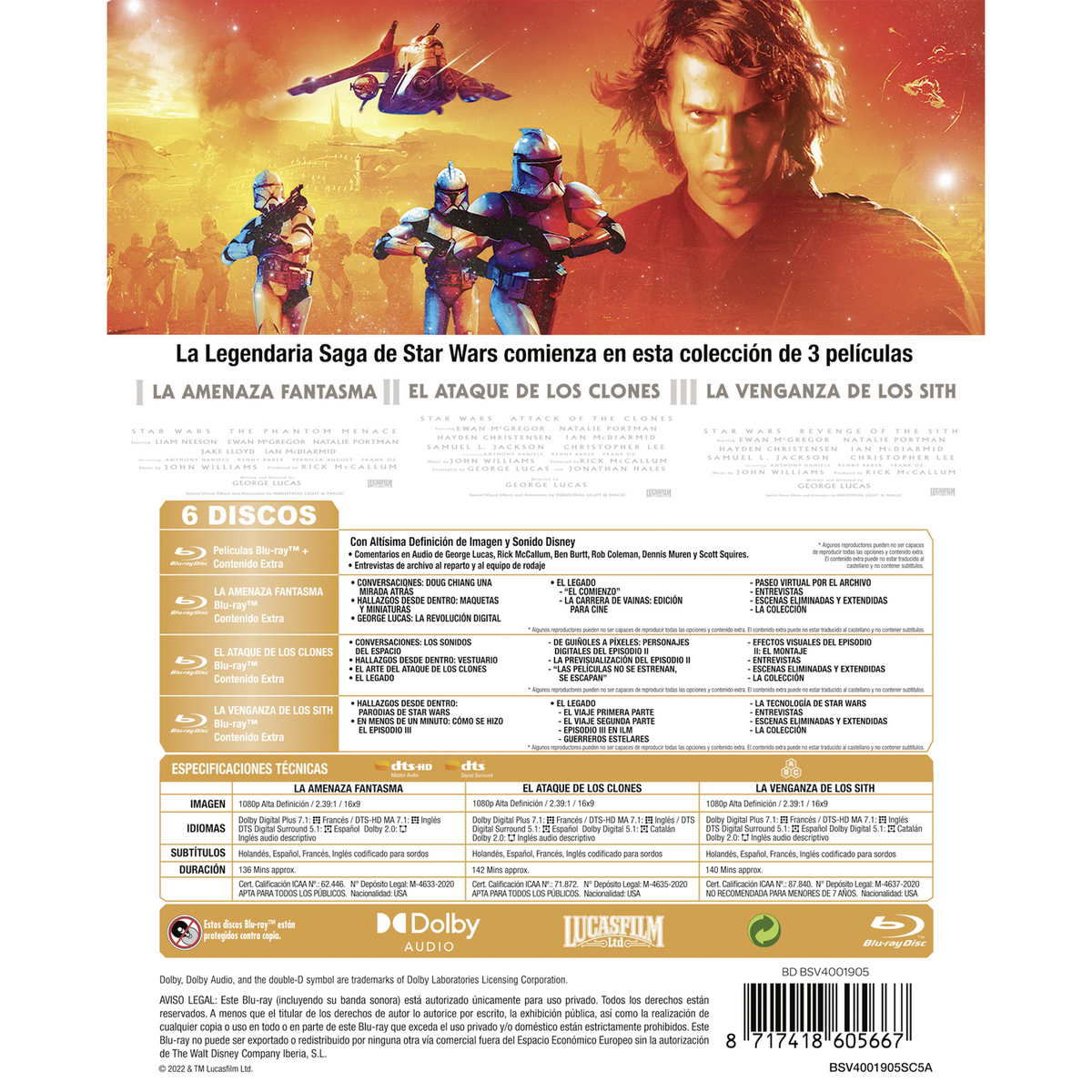 Blu-ray de la película: 'La Saga de los Skywalker'. 6 discos. Contiene texto en español. Personajes de Star Wars de fondo.