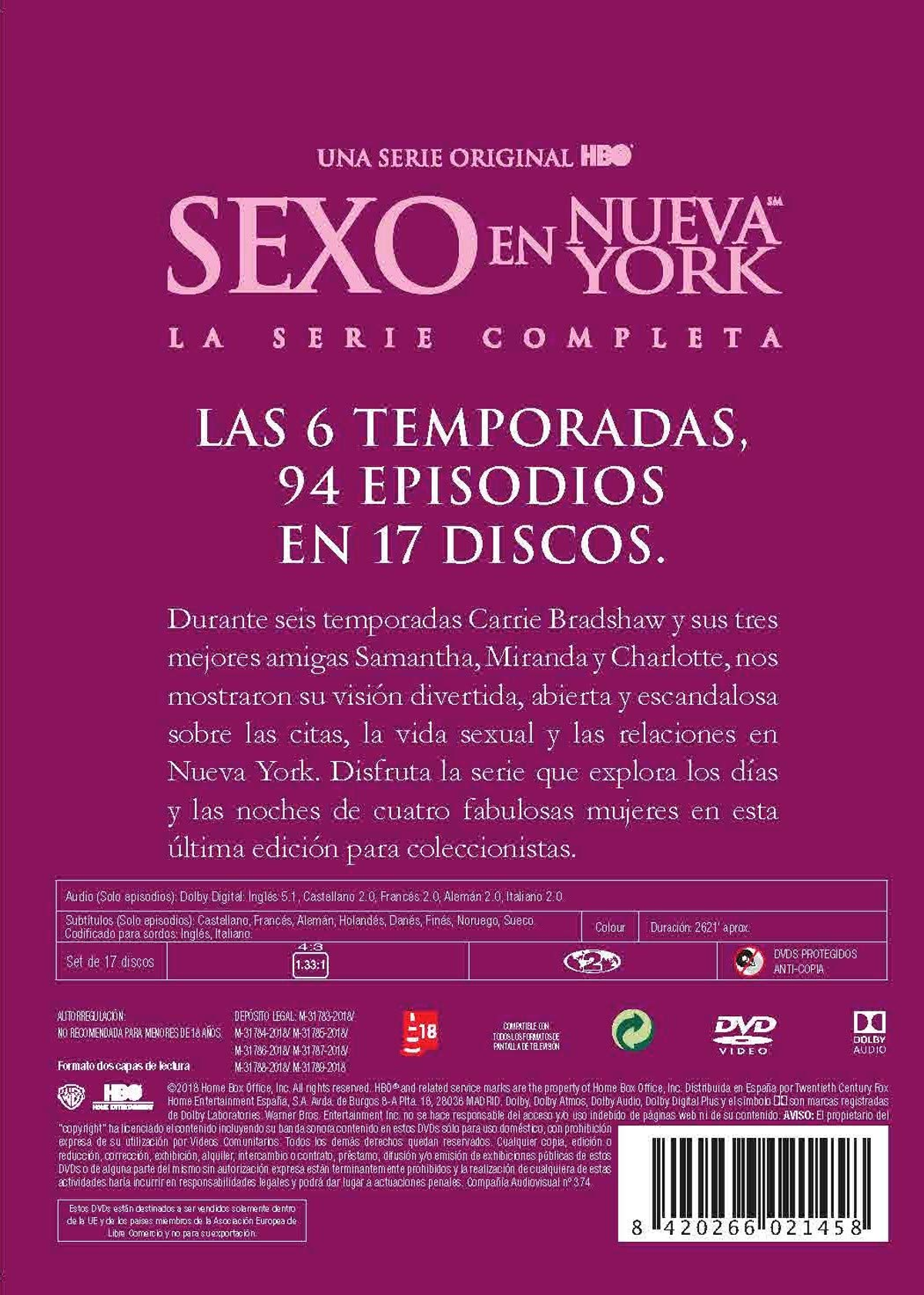Portada del DVD de Sexo en Nueva York, con texto e imágenes. Tiene seis temporadas, 94 episodios y 17 discos.