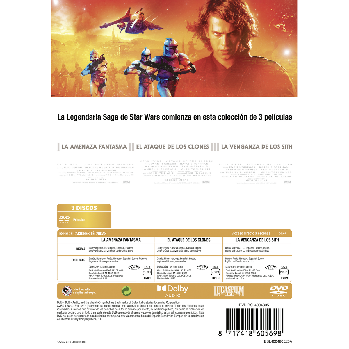 Set de DVD de películas de Star Wars. Texto en español. Muestra portadas de películas.