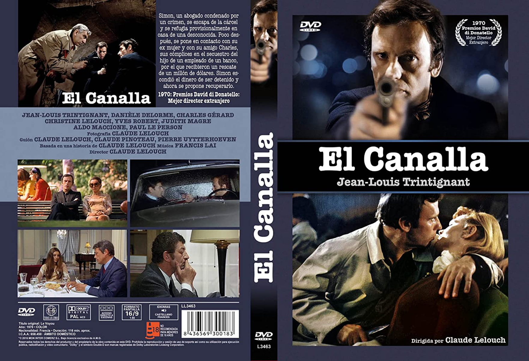 Portada del DVD de la película francesa El Canalla. Presenta a un hombre sosteniendo una pistola y varios fotogramas de la película.