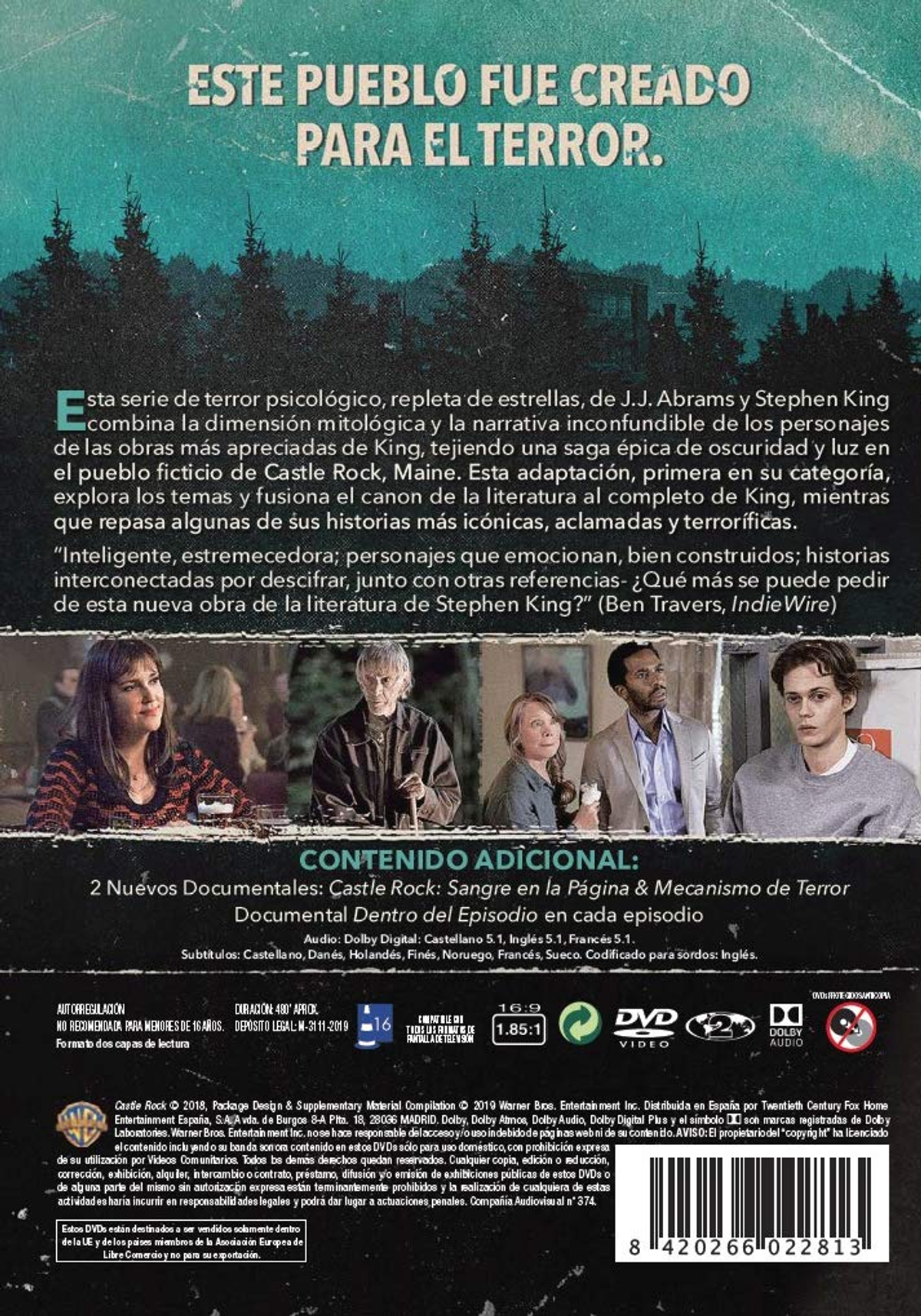 Portada del DVD de Castle Rock. Fondo oscuro con actores. Texto en blanco y rojo. Silueta de bosque en la parte superior.