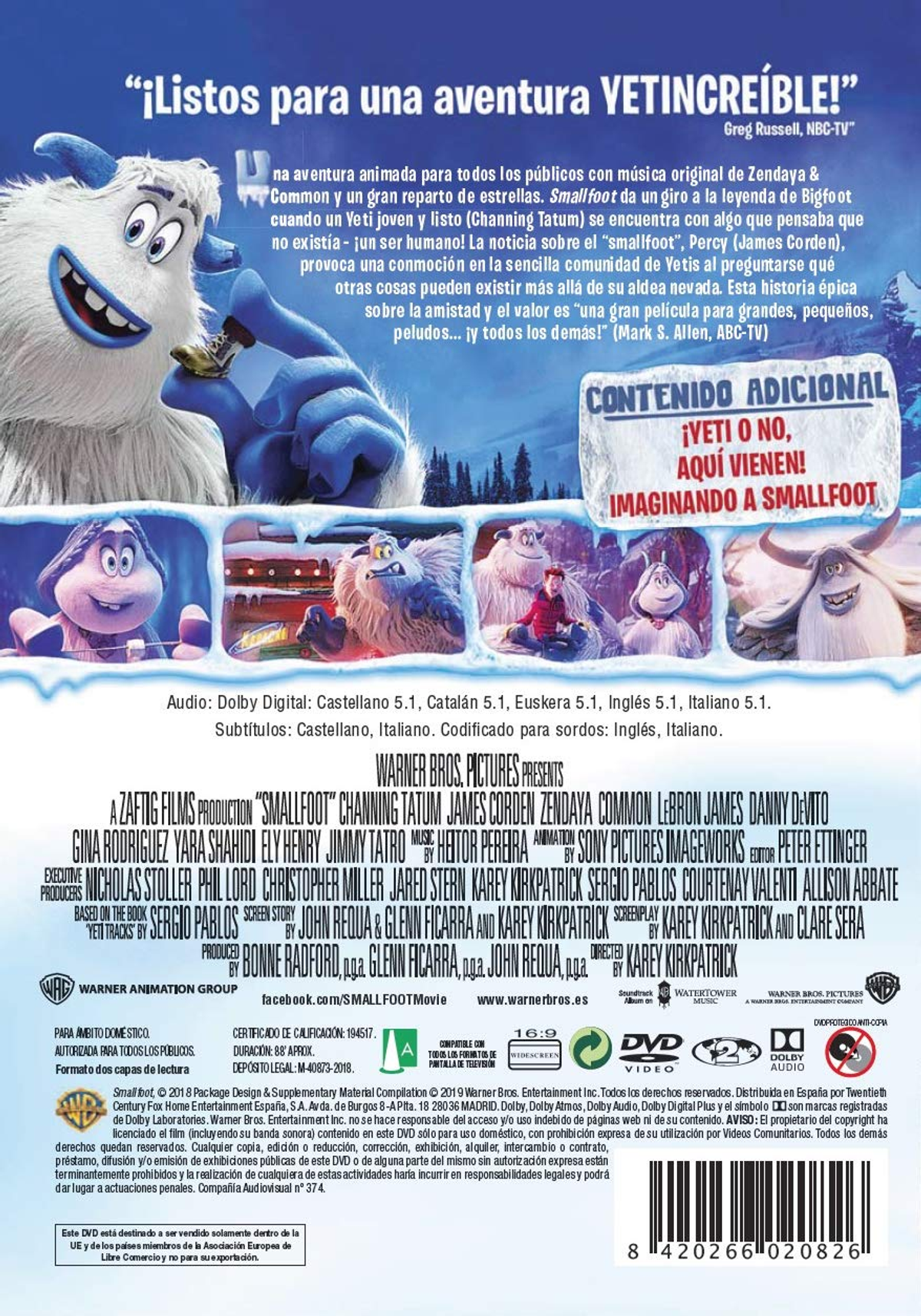 Portada de DVD de "Smallfoot" con personajes Yeti y texto en español. Contiene varias imágenes.