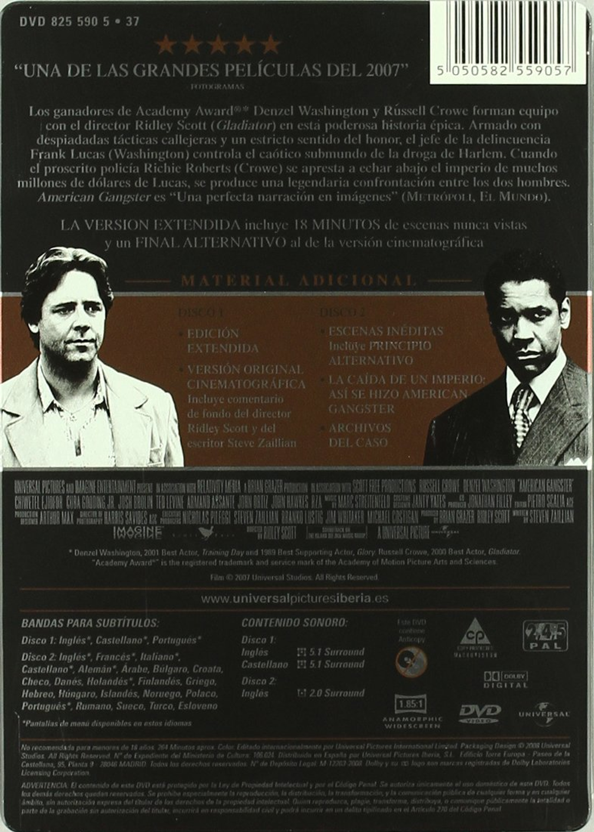 Funda de DVD de 'American Gangster'. Presenta a Denzel Washington y Russell Crowe. Texto en español.
