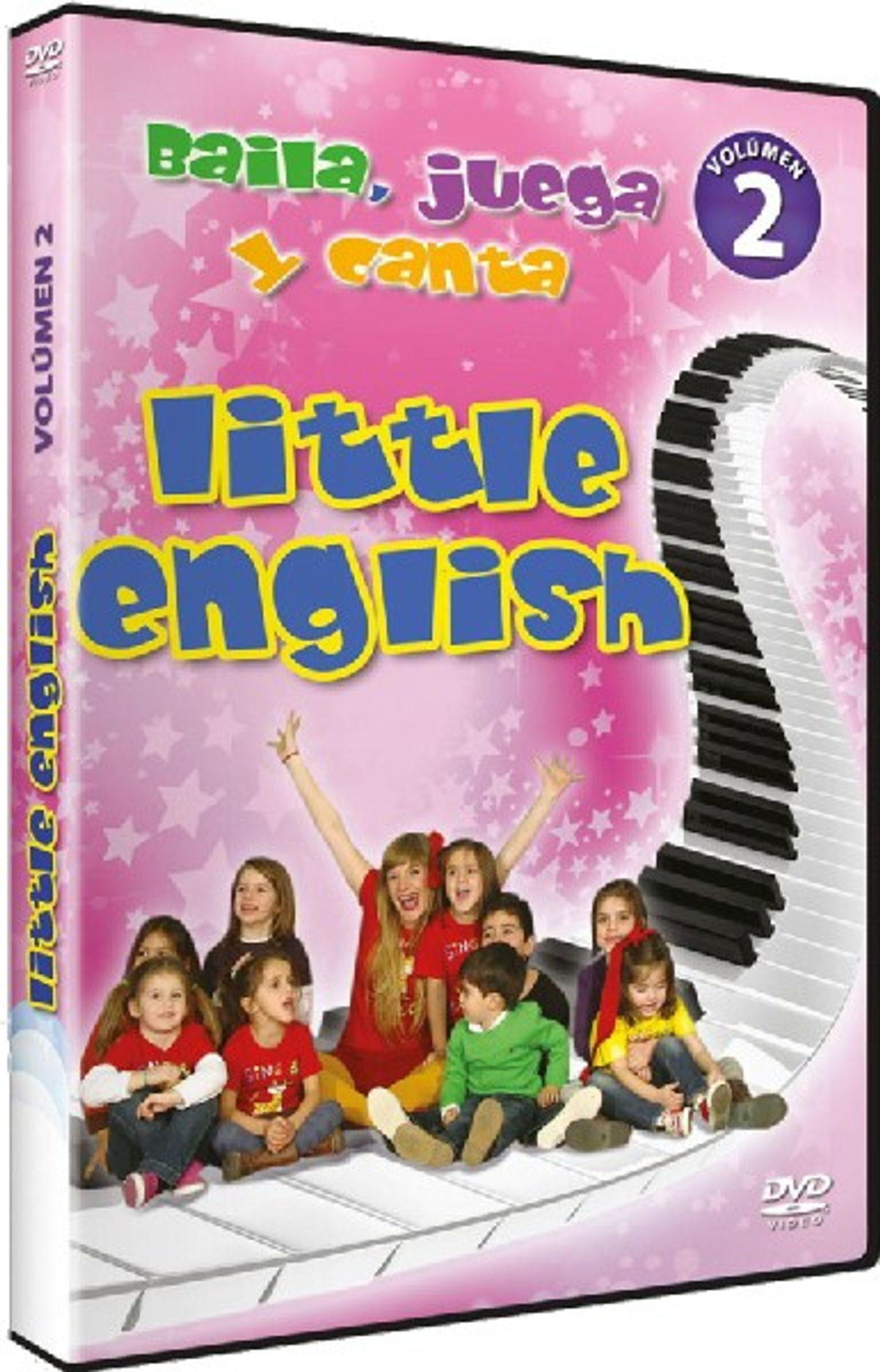 Portada de DVD de 'Little English'. Niños y una mujer en una portada rosa con imagen de piano.