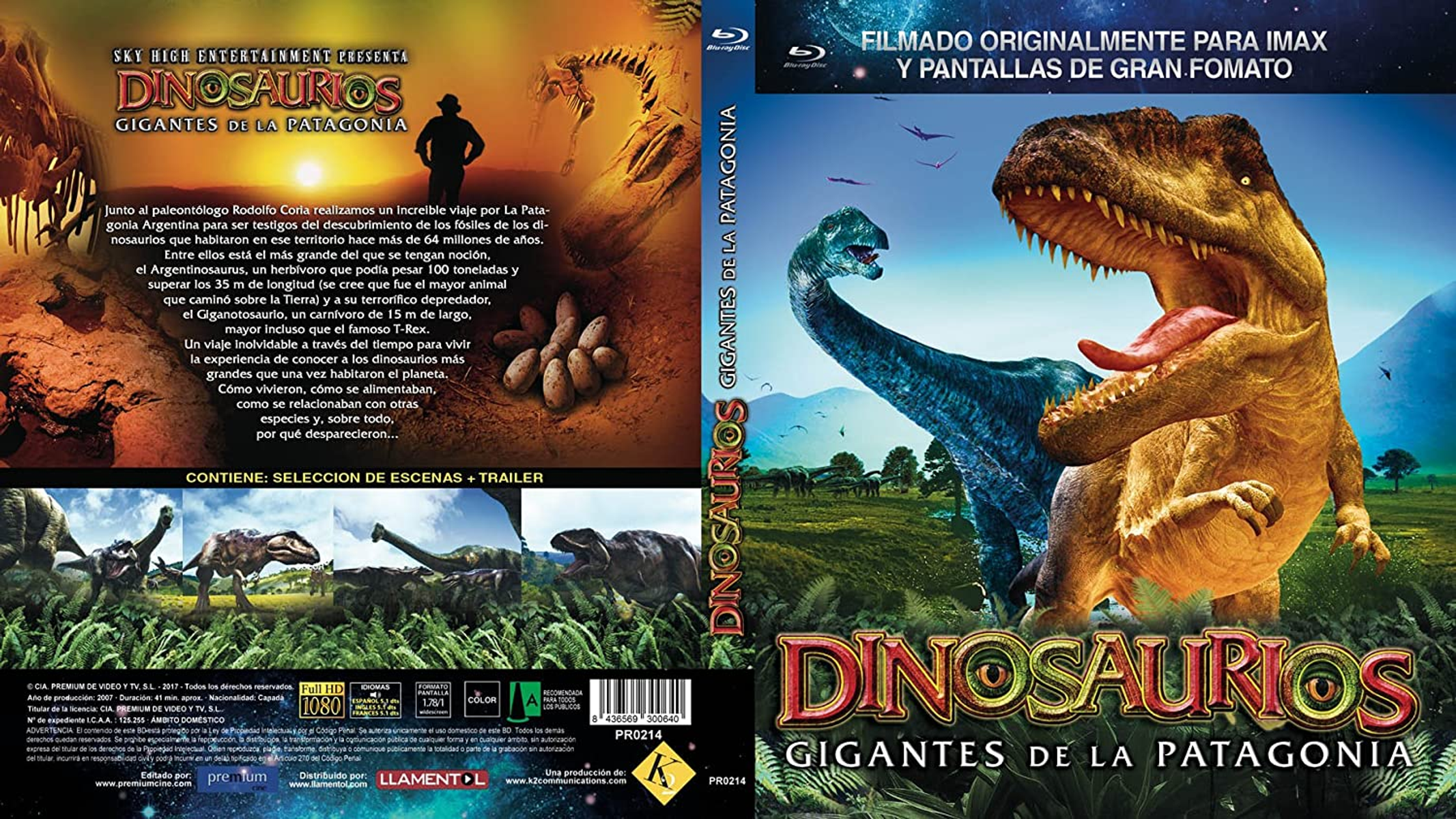 Portada de DVD de "Gigantes de la Patagonia". Presenta dinosaurios y un hombre en un paisaje.