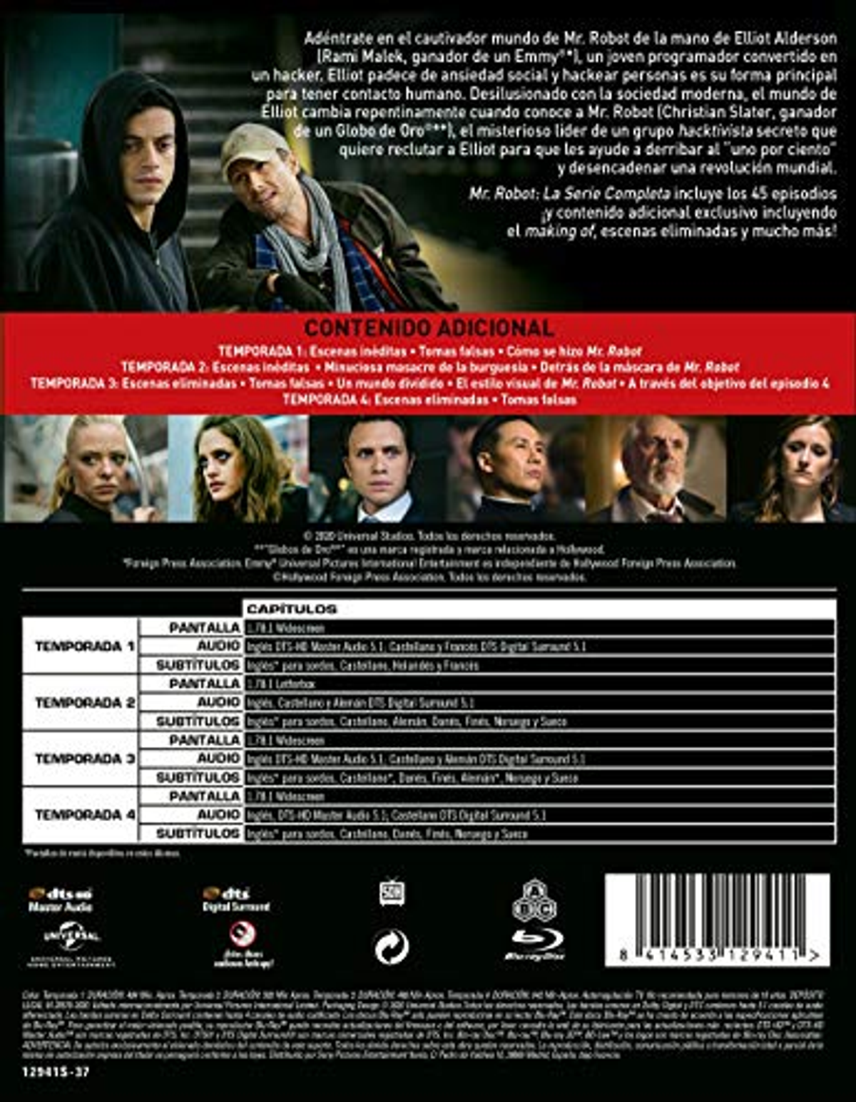 Contraportada de DVD. Escena de la serie Mr. Robot. Texto en español sobre la serie. Grupo de personas.