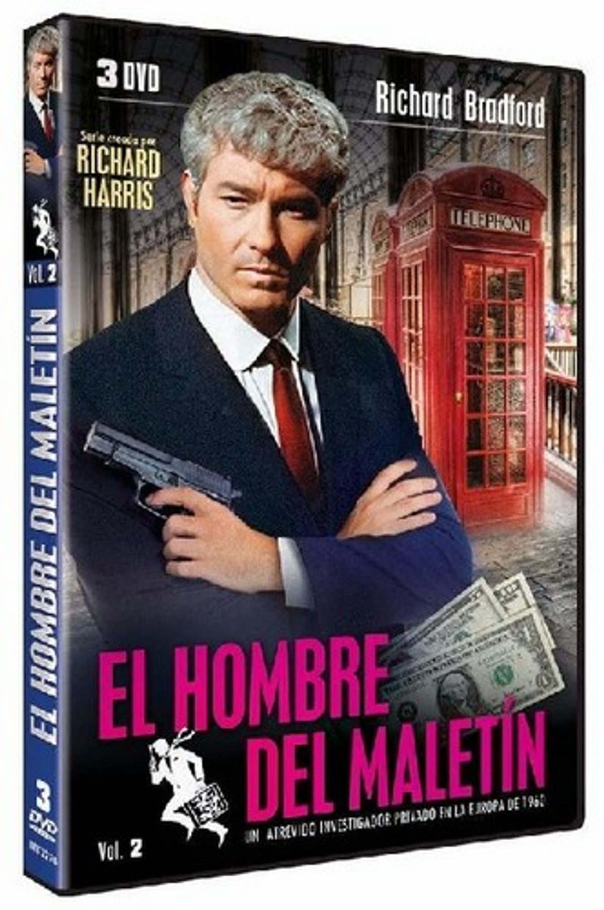 Portada del DVD de El Hombre Del Maletin con un hombre sosteniendo un arma y dinero.