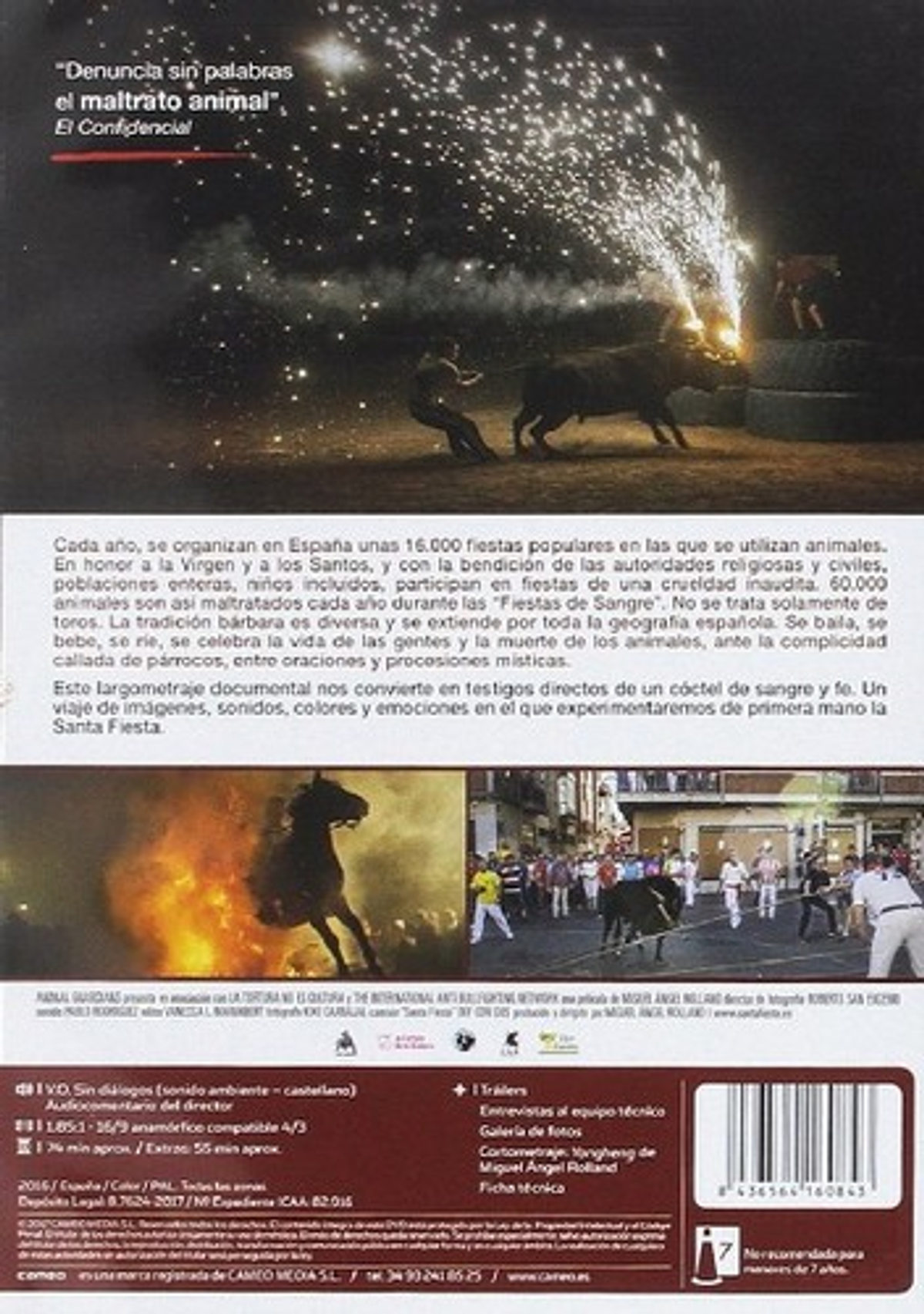 Contraportada de la película. Figuras de toros y personas en un fuego. Texto en español. Fiestas en España.