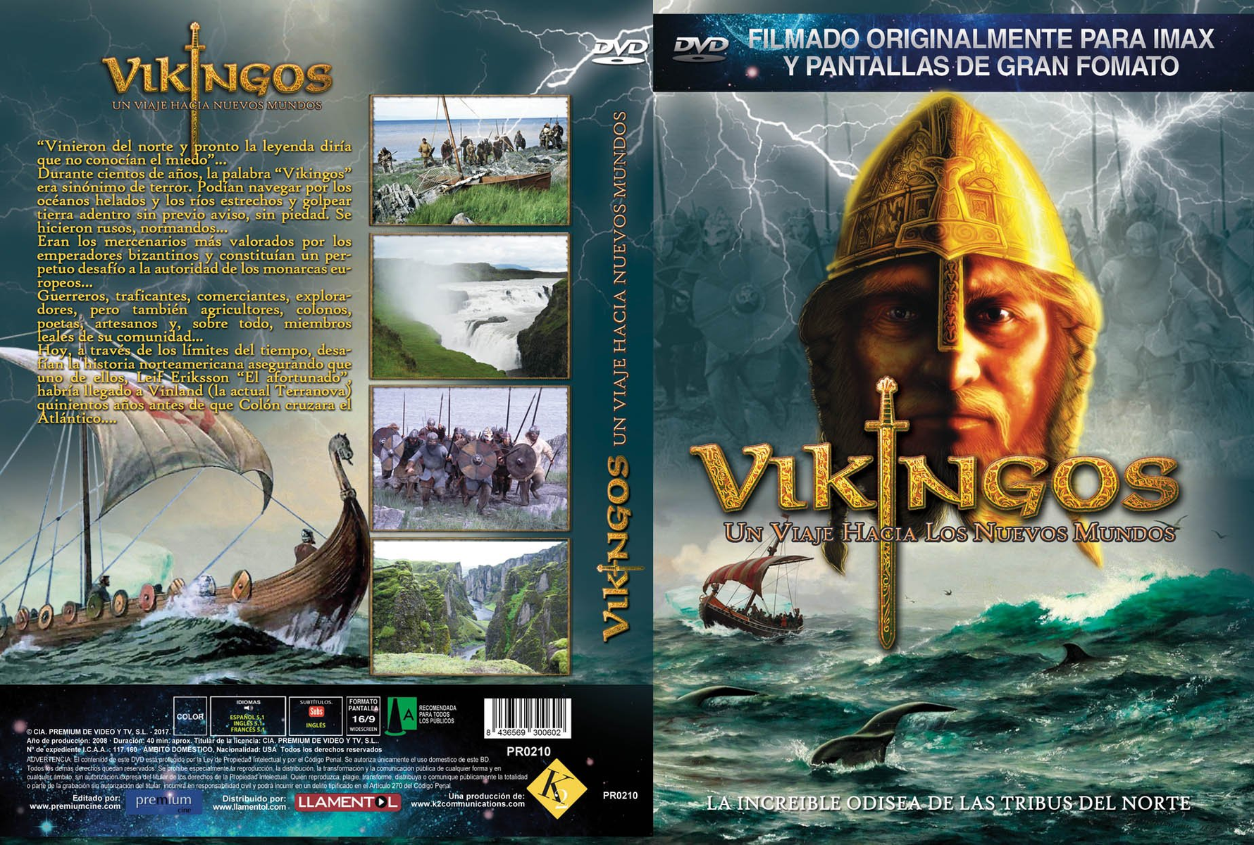 Portada de DVD: película de vikingos. Un vikingo con casco en el centro. Paisajes y un barco.