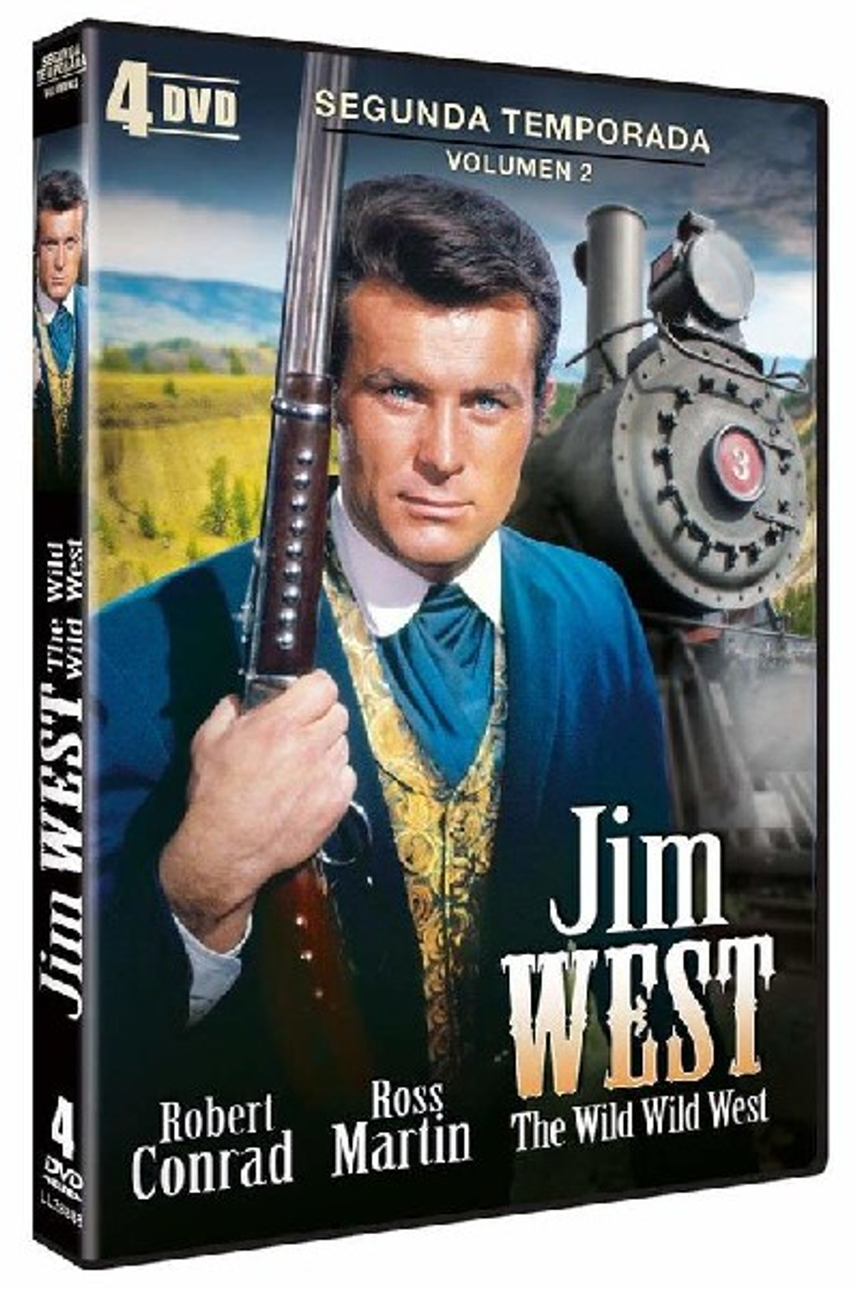 Caja de DVD, 'Jim West, The Wild Wild West'. Un hombre en traje azul sostiene un rifle. Un tren al fondo.