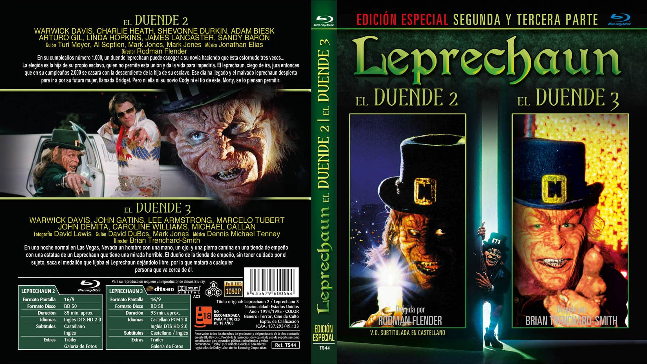 Portada de la película Leprechaun 2 y 3, un duende con sombrero, texto y fondo oscuro.