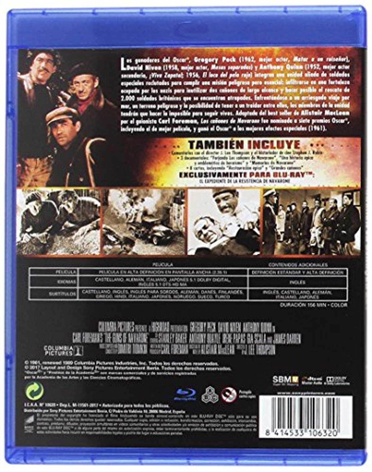 Parte trasera de una caja de película; detalles sobre la película, incluido el elenco, el equipo y las características especiales.
