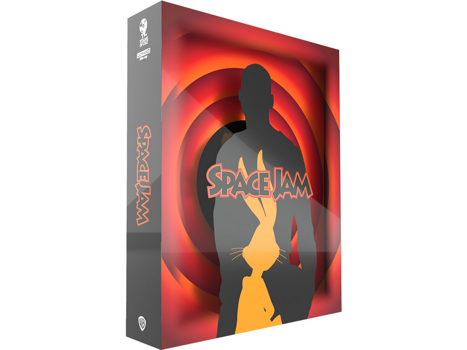 Caja de la película Space Jam. Silueta de Bugs Bunny y Michael Jordan sobre un fondo espiral rojo.