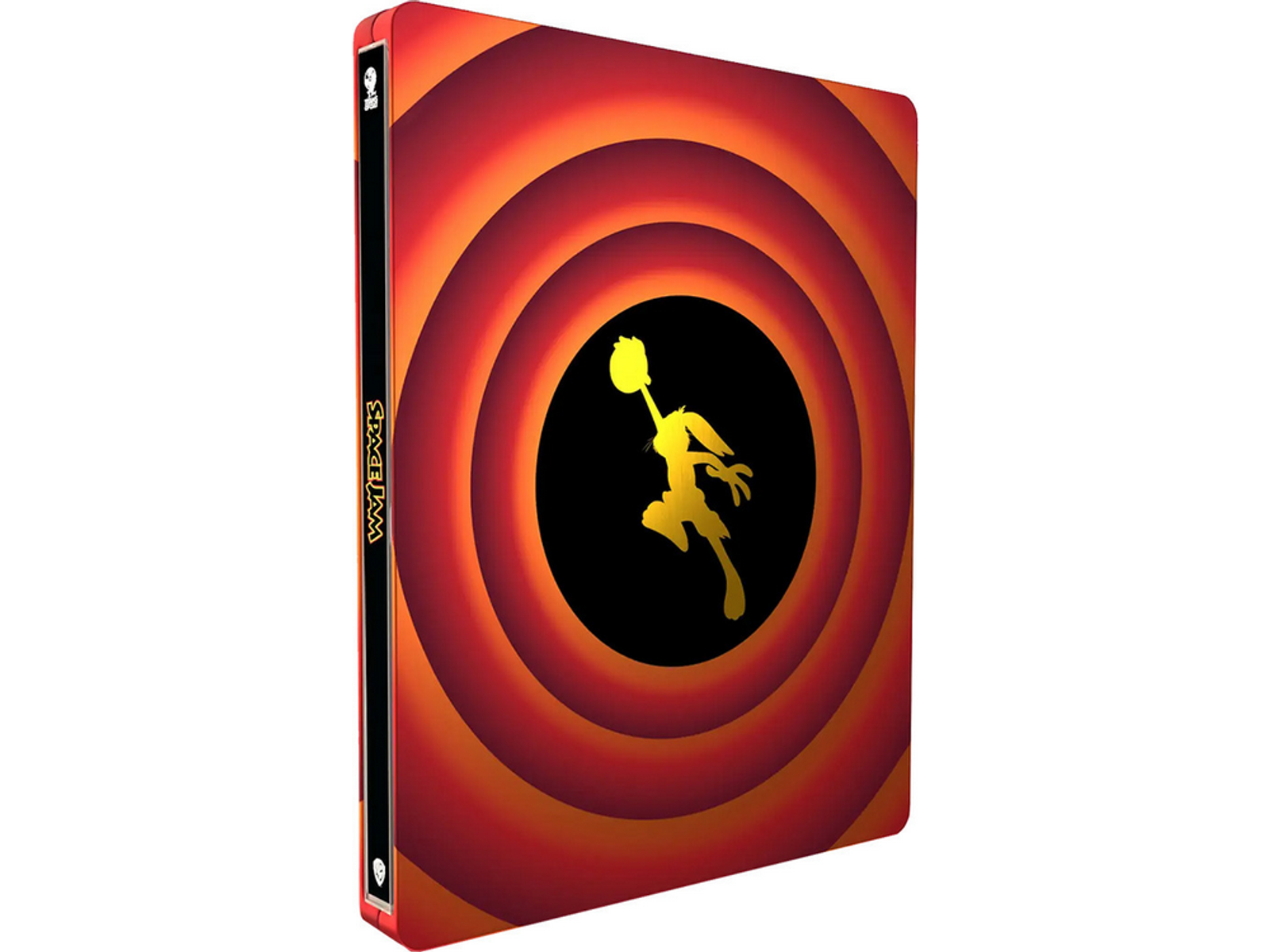 Space Jam steelbook. Un personaje de dibujos animados corriendo hacia un agujero negro con círculos.